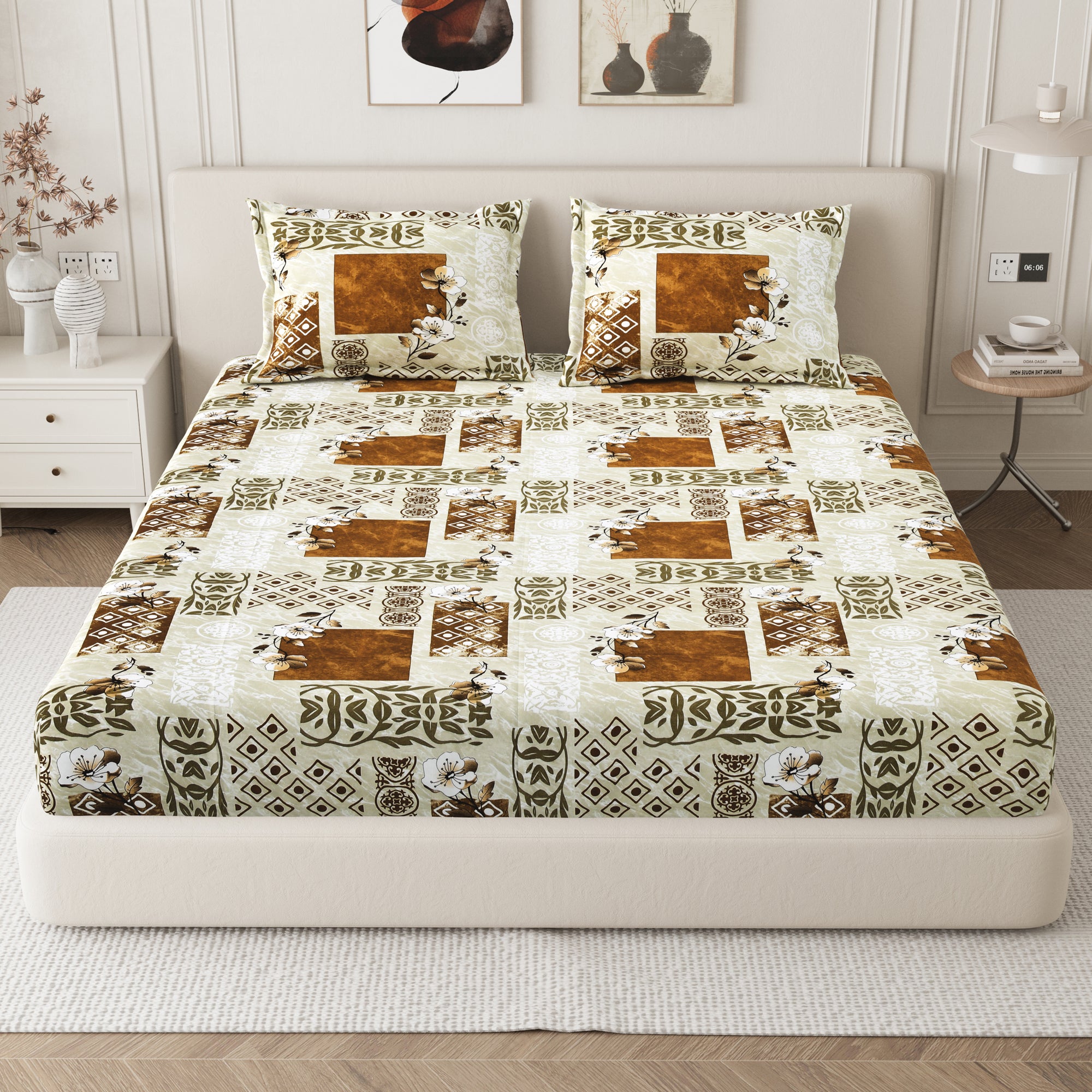Daisy Queen Fitted Sheet with 2 Pillow Covers 130 GSM Micropeach Floral Marble Brown