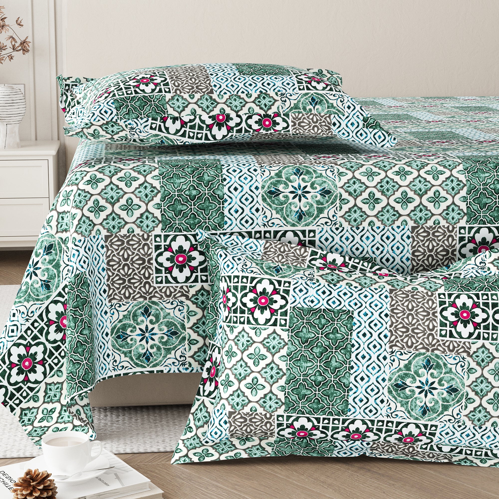 Daisy Queen Bedsheet with 2 Pillow Covers 130 GSM Micropeach Heritage Mosaic Brown