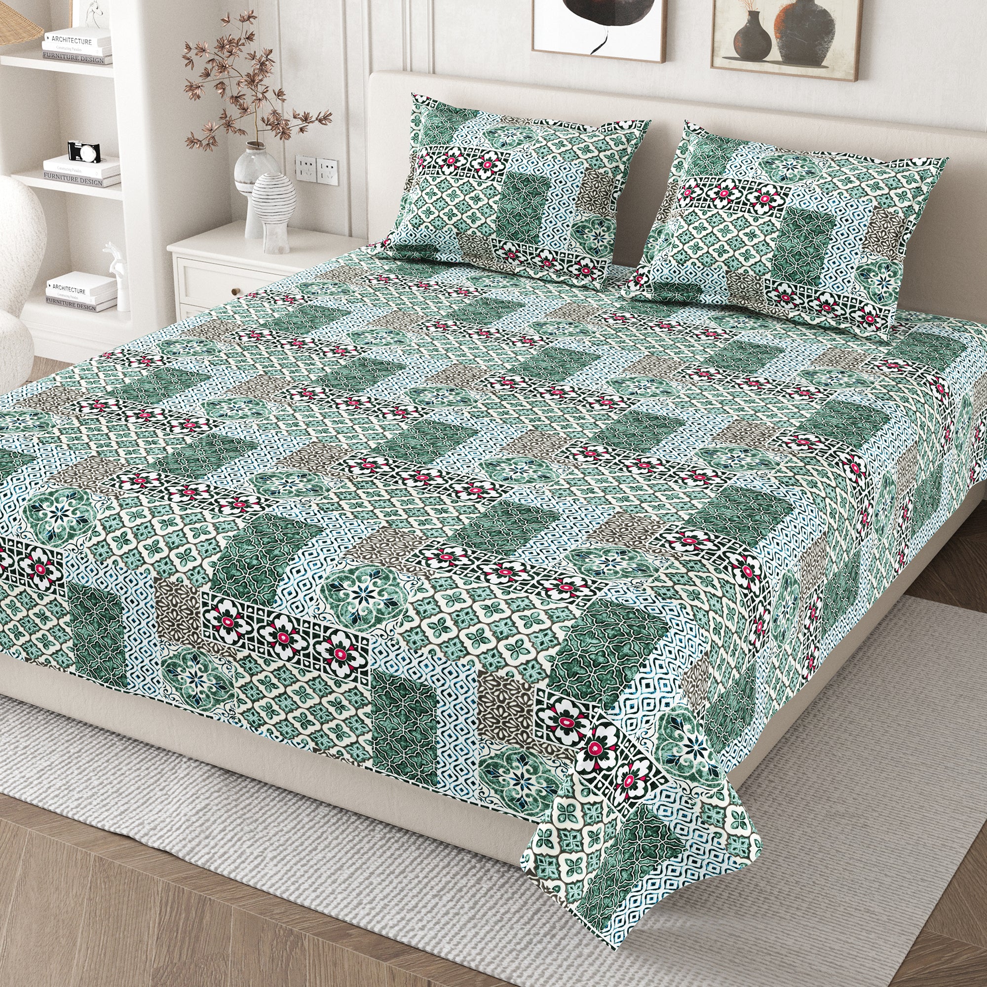 Daisy Queen Bedsheet with 2 Pillow Covers 130 GSM Micropeach Heritage Mosaic Brown