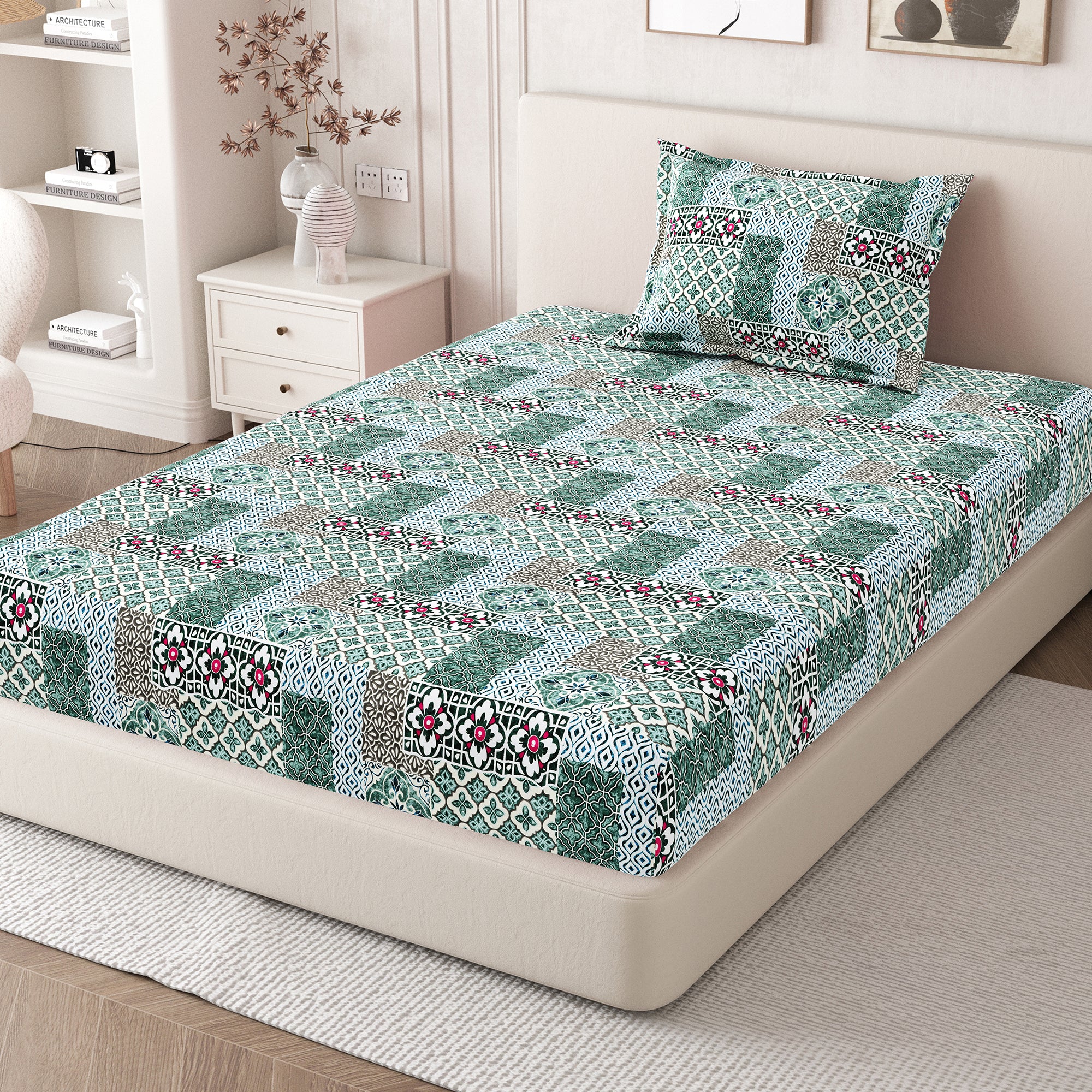 Daisy Single Bedsheet with 1 Pillow Cover 130 GSM Micropeach Heritage Mosaic Brown