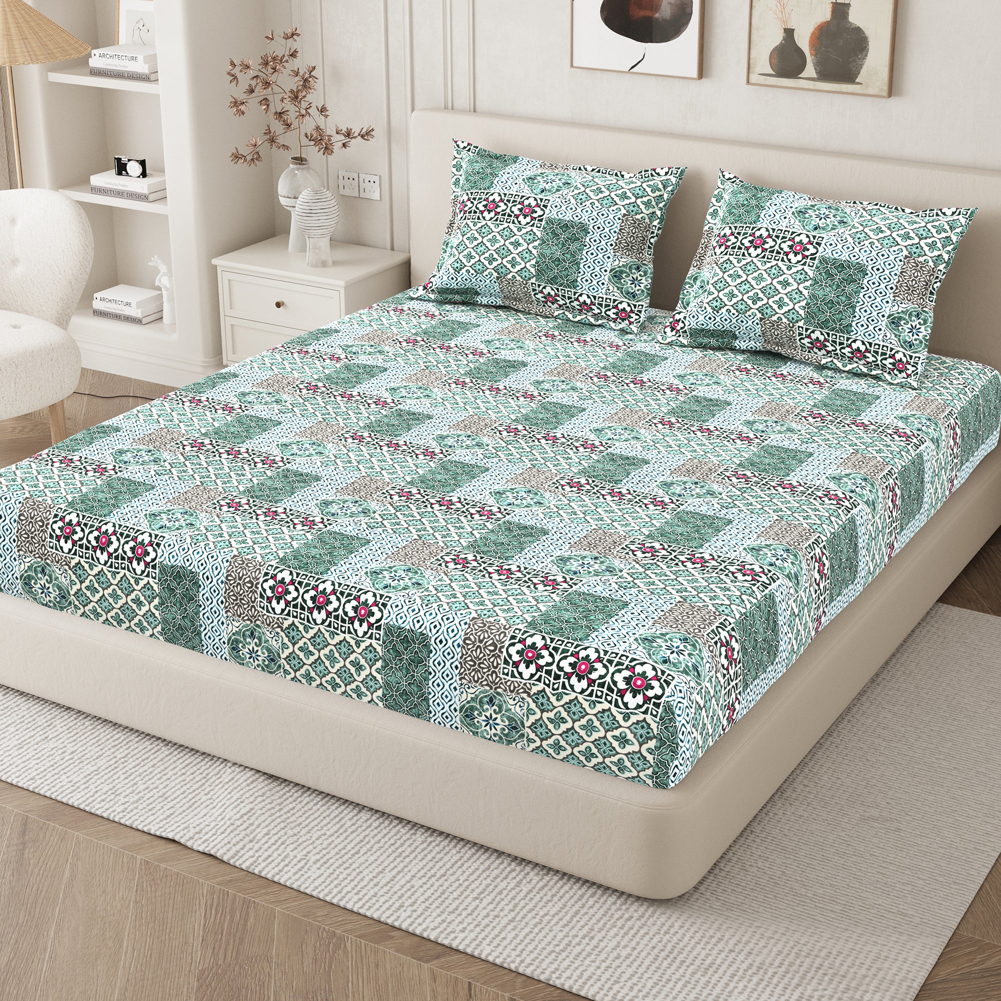 Daisy King Fitted Sheet with 2 Pillow Covers 130 GSM Micropeach Heritage Mosaic Brown