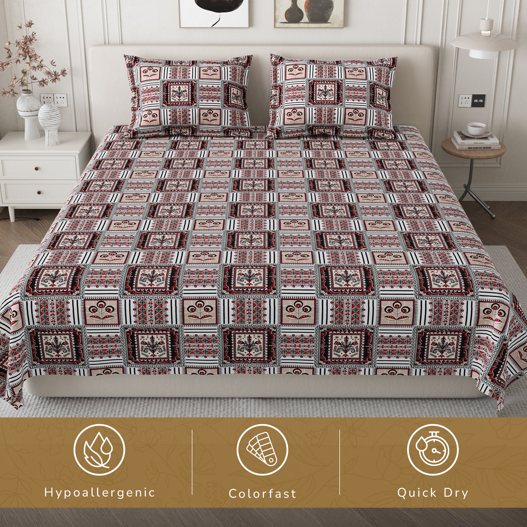 Daisy Queen Bedsheet with 2 Pillow Covers 130 GSM Micropeach Classic Block Red