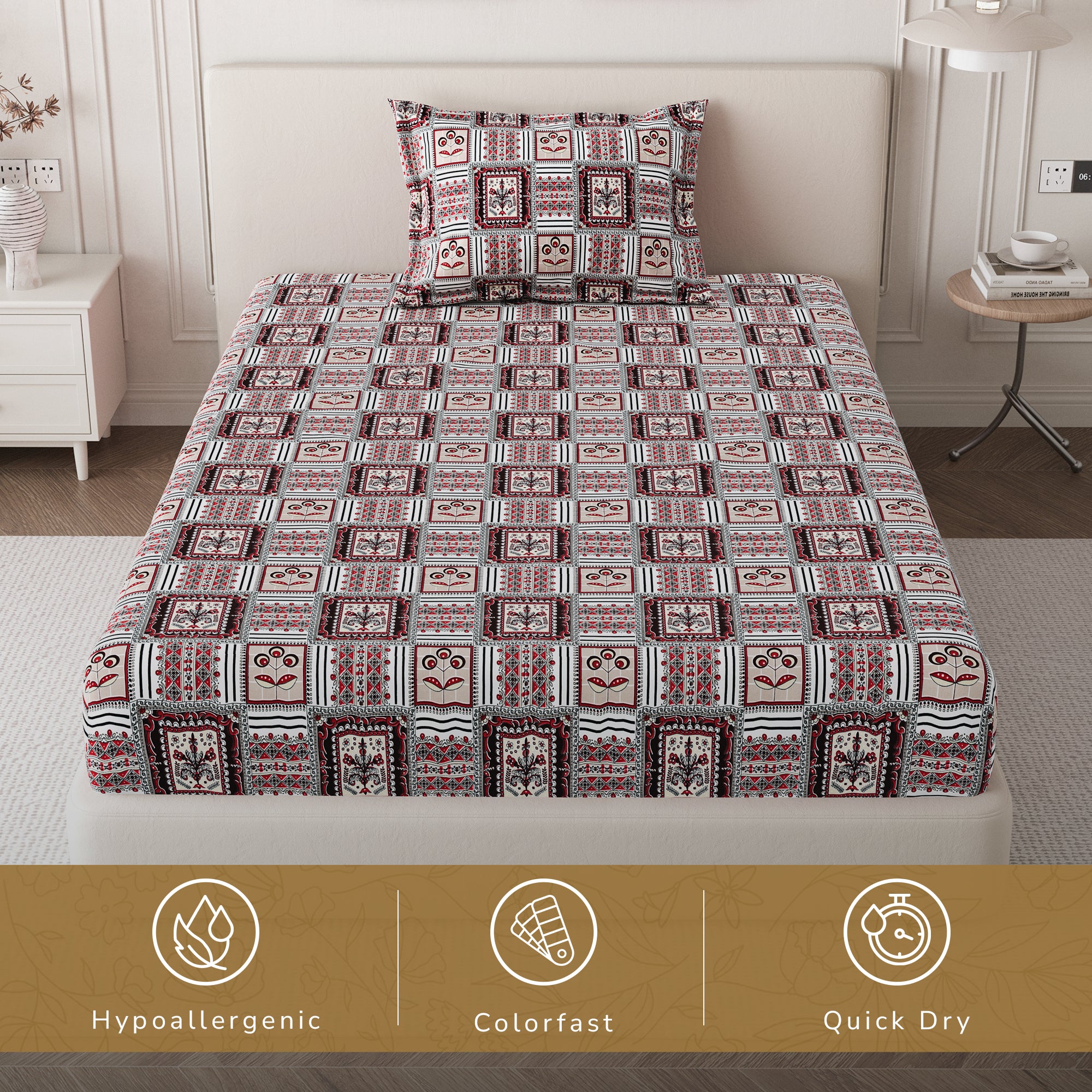 Daisy Single Bedsheet with 1 Pillow Cover 130 GSM Micropeach Classic Block Red