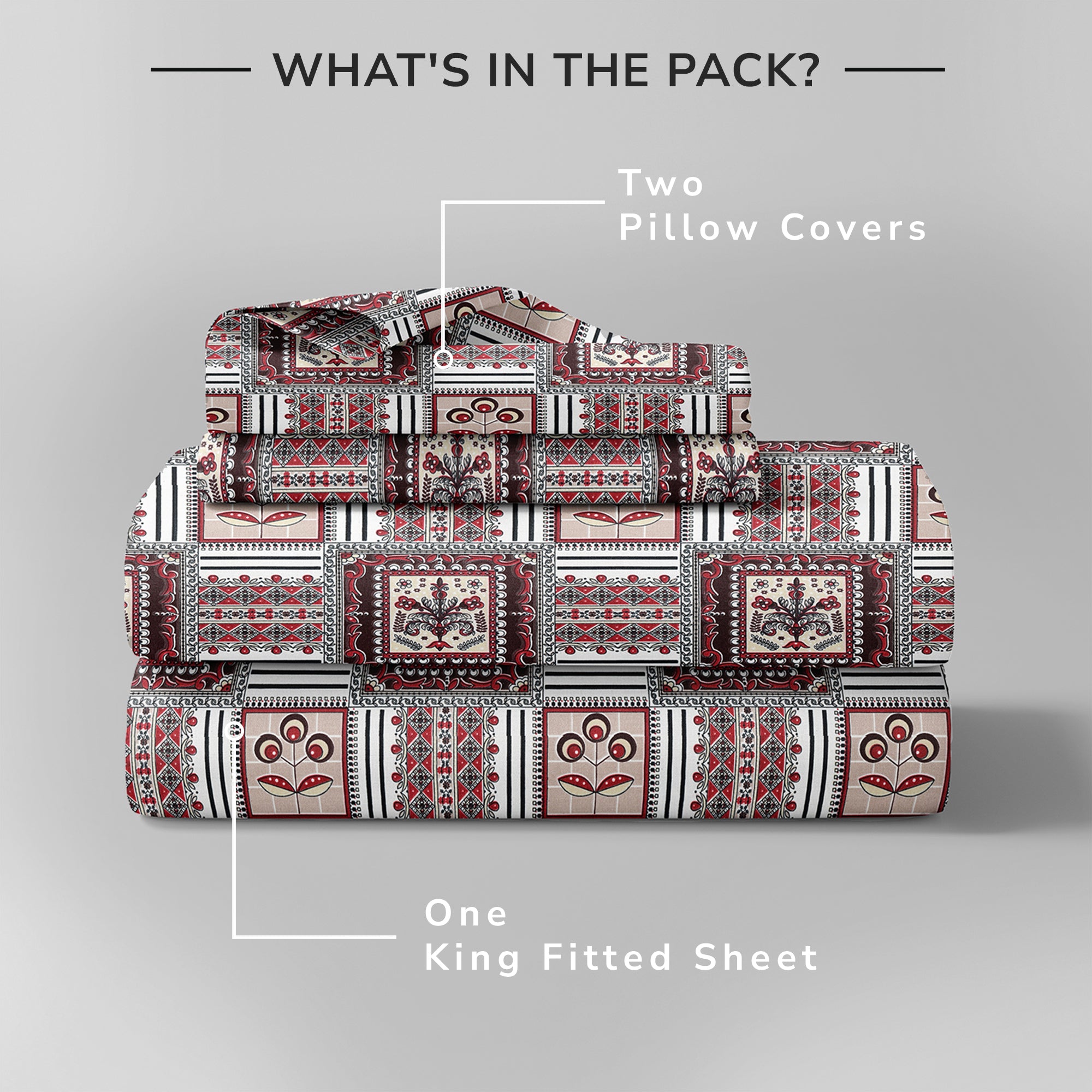 Daisy King Fitted Sheet with 2 Pillow Covers 130 GSM Micropeach Classic Block Red