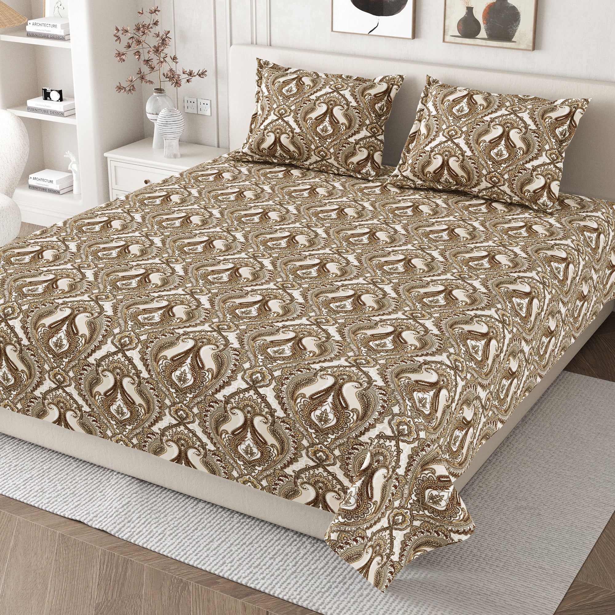 Daisy Queen Bedsheet with 2 Pillow Covers 130 GSM Micropeach Royal Damask Brown