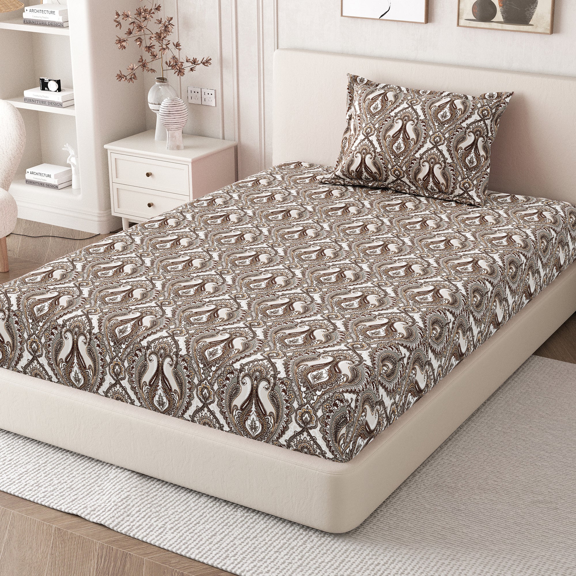 Daisy Single Bedsheet with 1 Pillow Cover 130 GSM Micropeach Royal Damask Brown