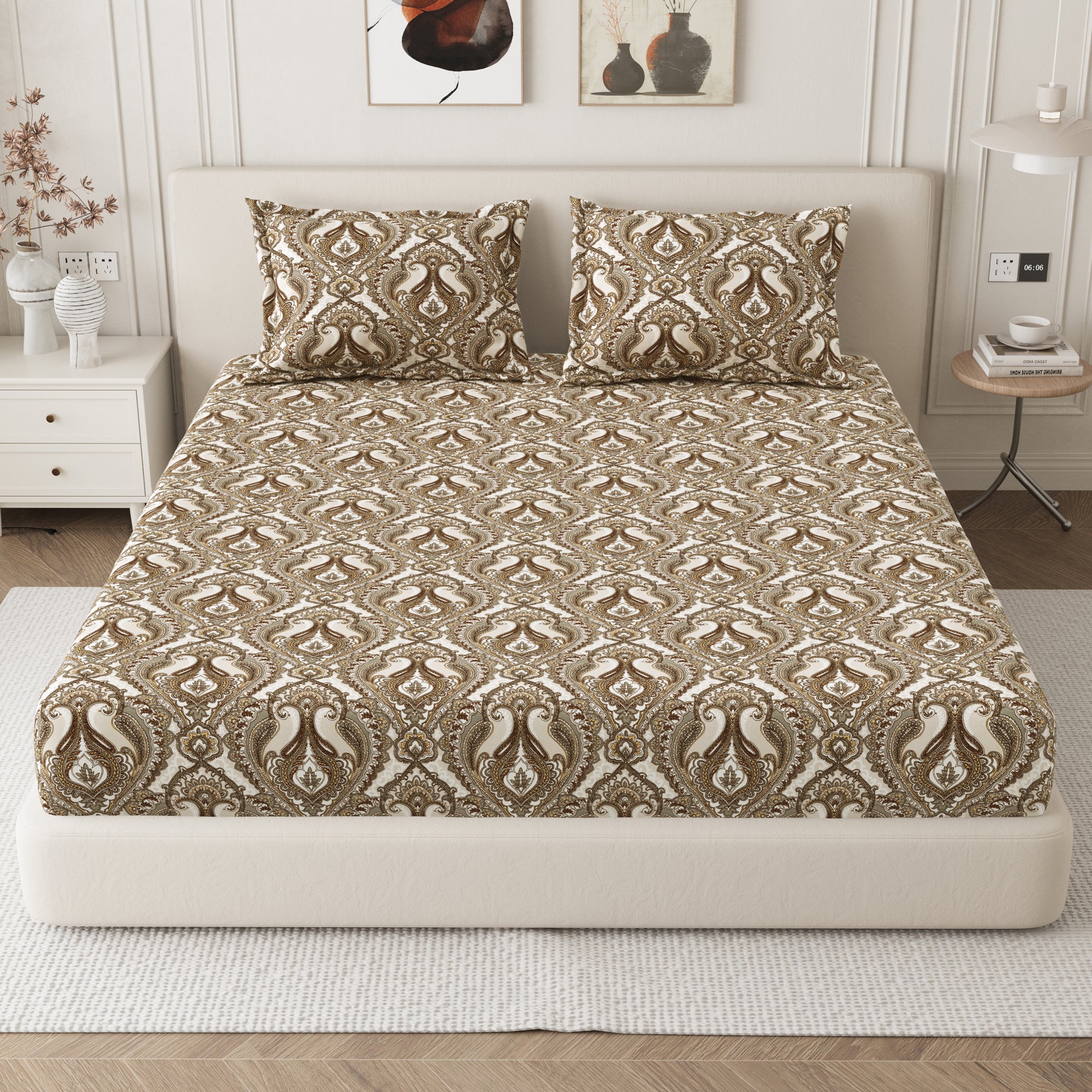Daisy King Fitted Sheet with 2 Pillow Covers 130 GSM Micropeach Royal Damask Brown