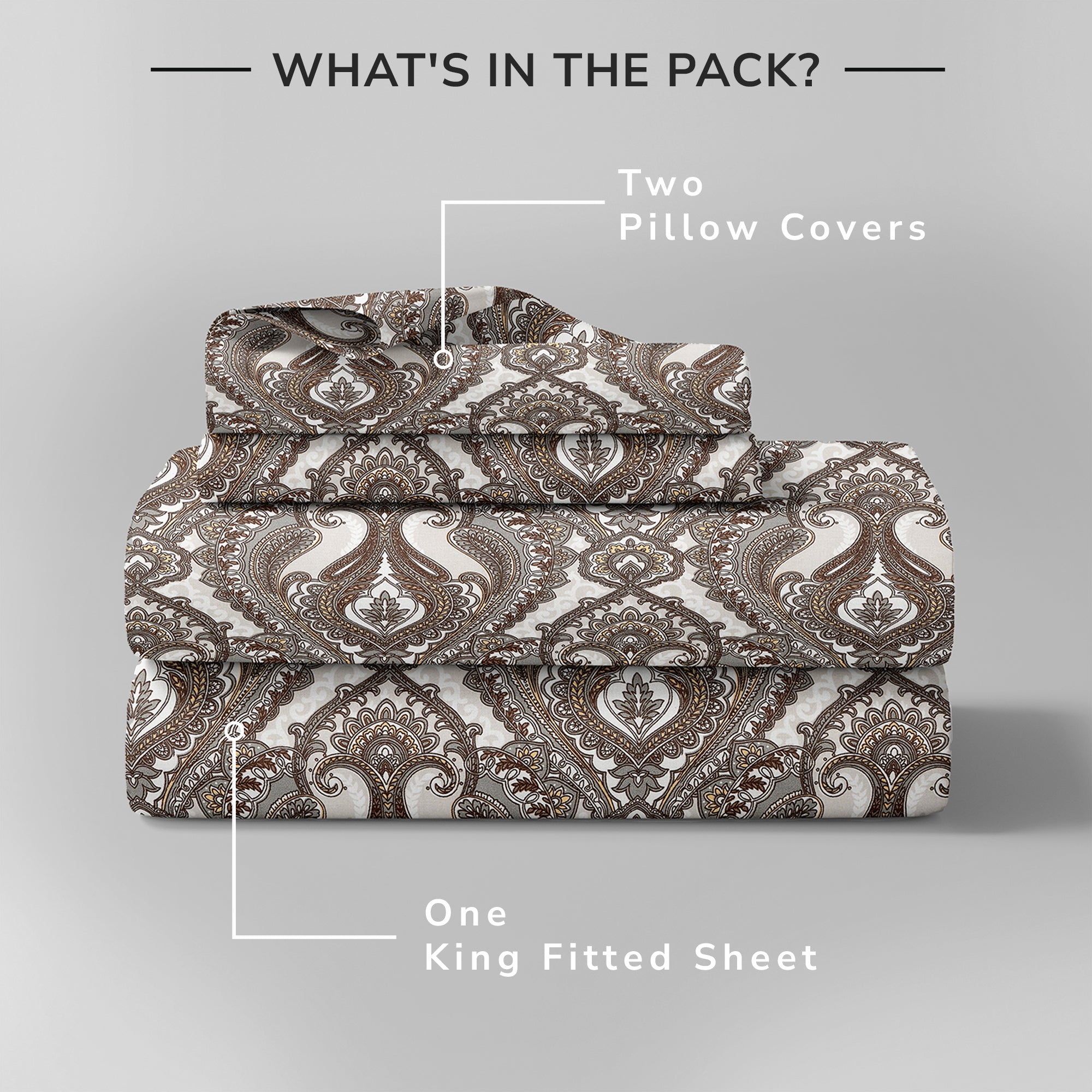 Daisy King Fitted Sheet with 2 Pillow Covers 130 GSM Micropeach Royal Damask Brown