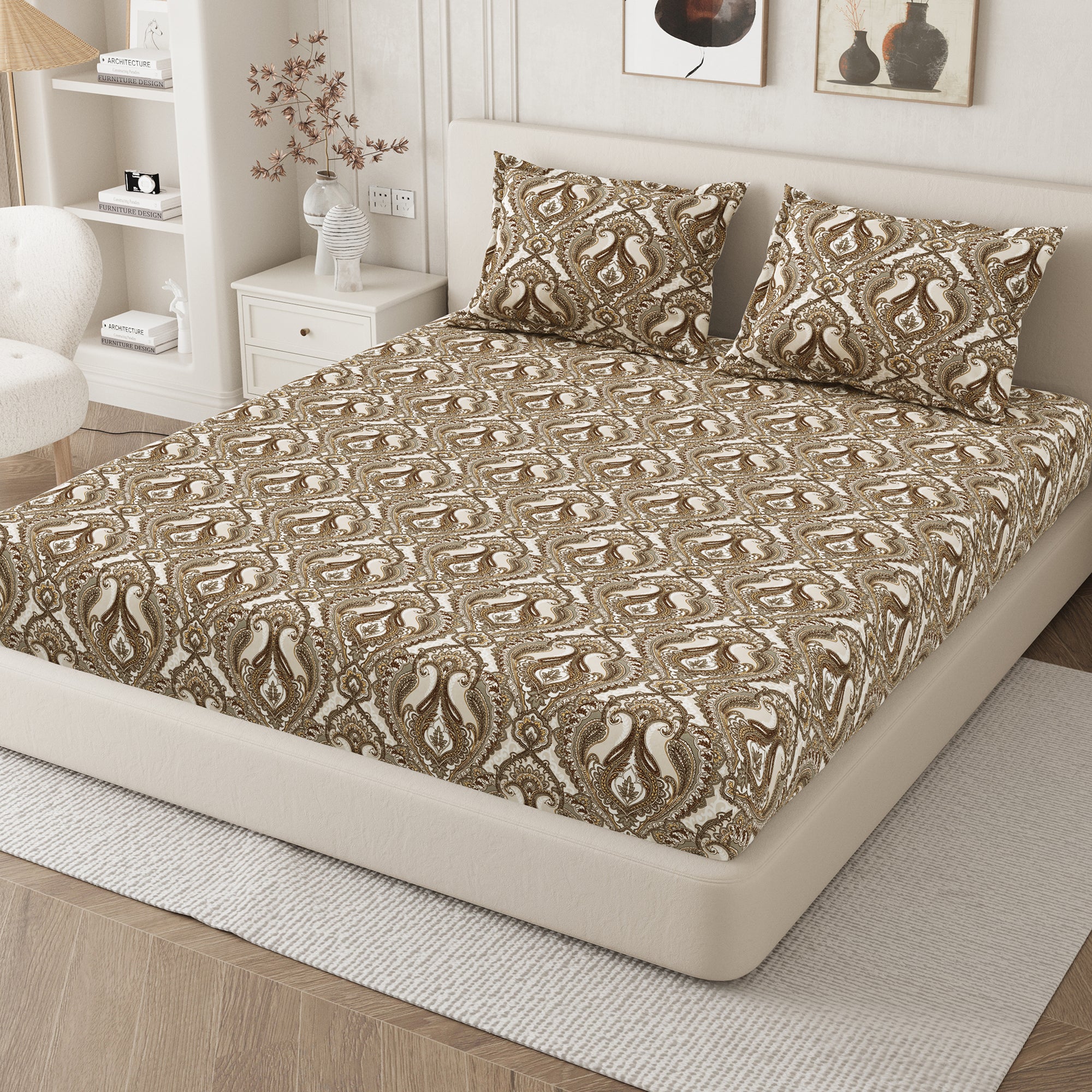 Daisy Queen Fitted Sheet with 2 Pillow Covers 130 GSM Micropeach Royal Damask Brown