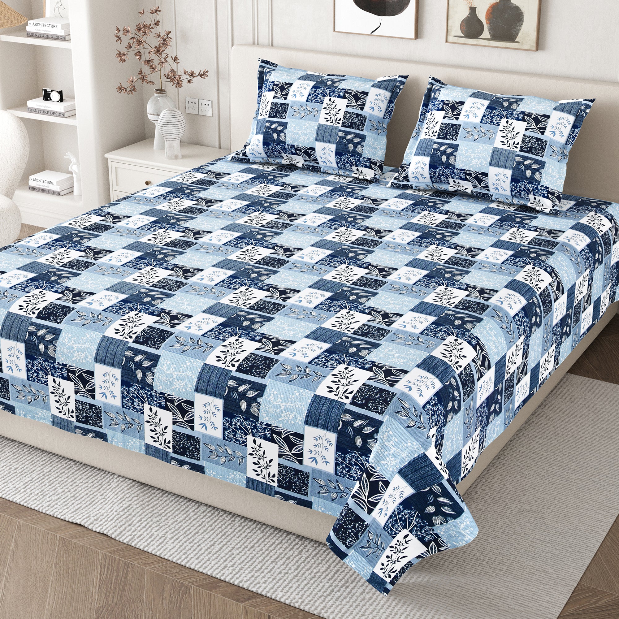 Daisy Queen Bedsheet with 2 Pillow Covers 130 GSM Micropeach Floral Block Blue