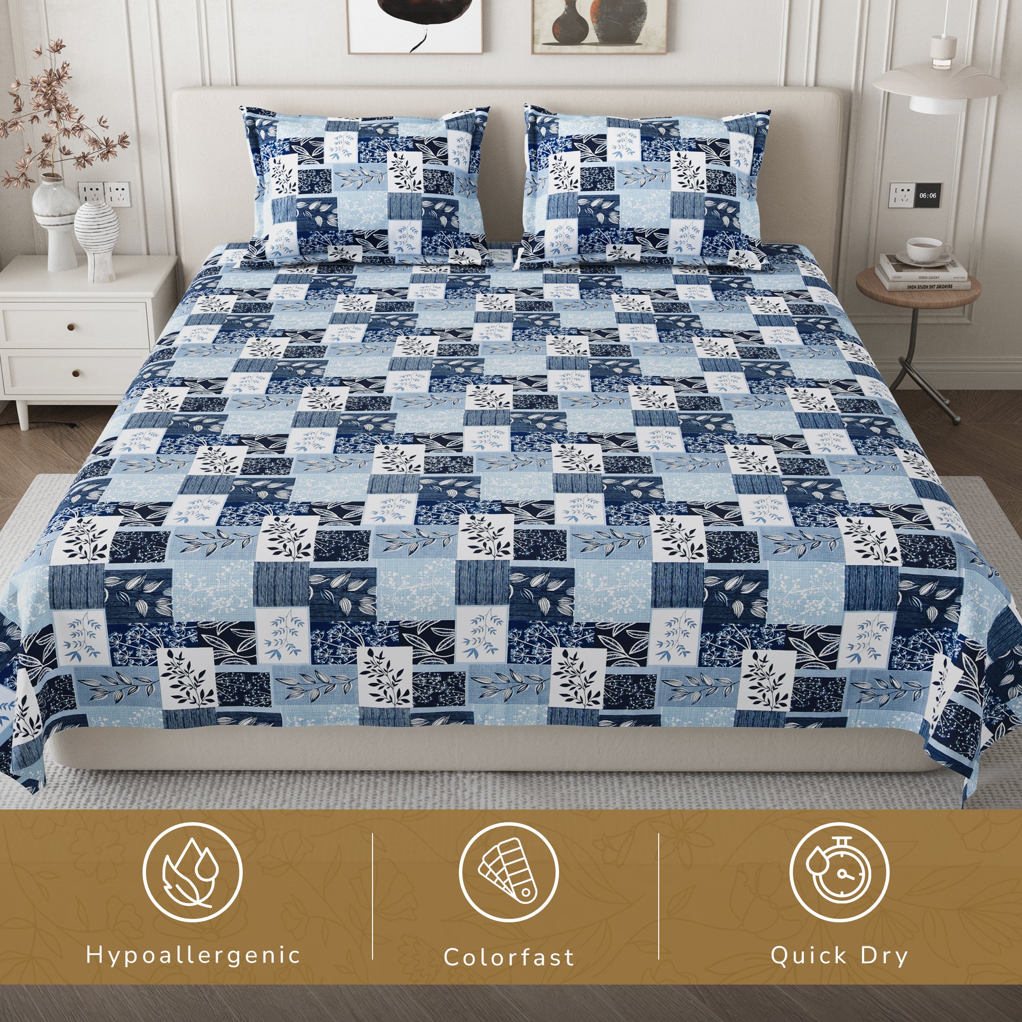 Daisy Queen Bedsheet with 2 Pillow Covers 130 GSM Micropeach Floral Block Blue