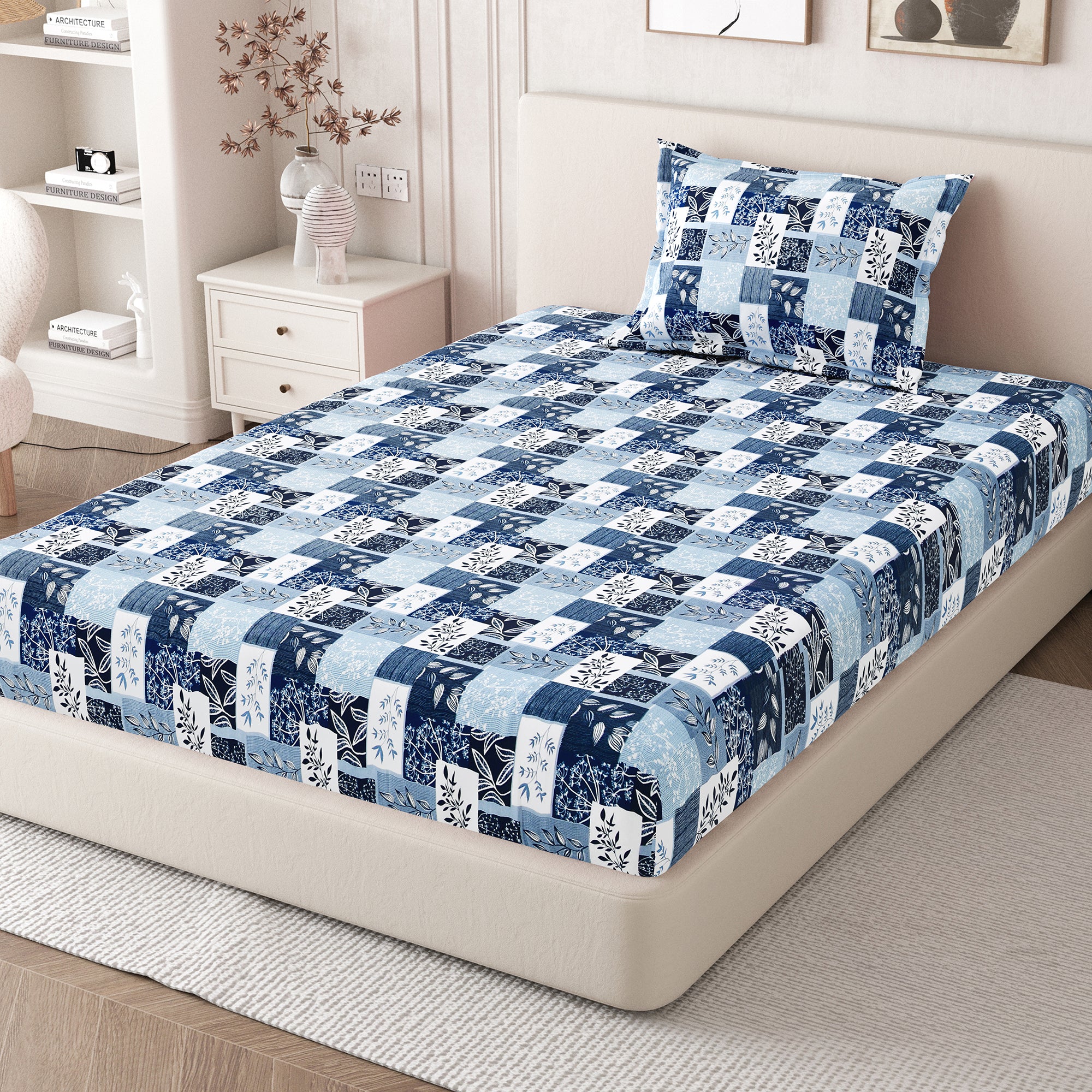 Daisy Single Bedsheet with 1 Pillow Cover 130 GSM Micropeach Floral Block Blue