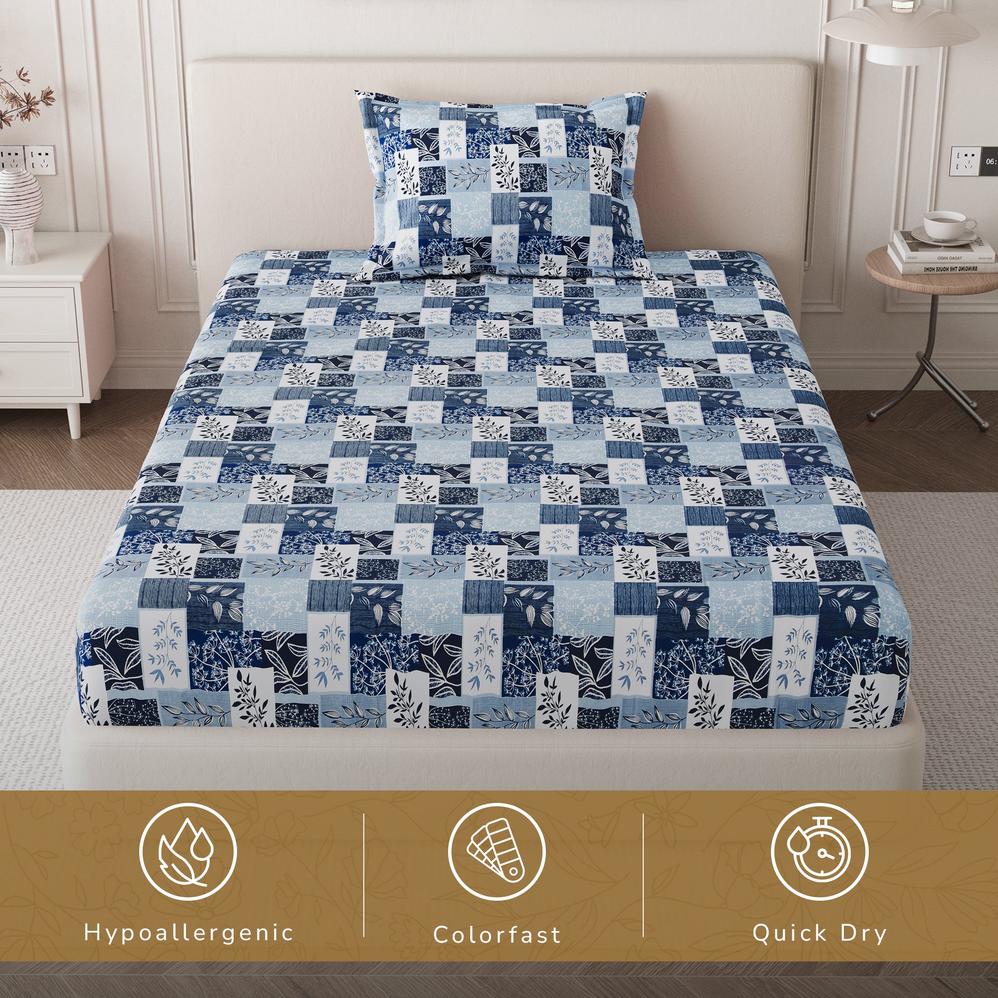 Daisy Single Bedsheet with 1 Pillow Cover 130 GSM Micropeach Floral Block Blue
