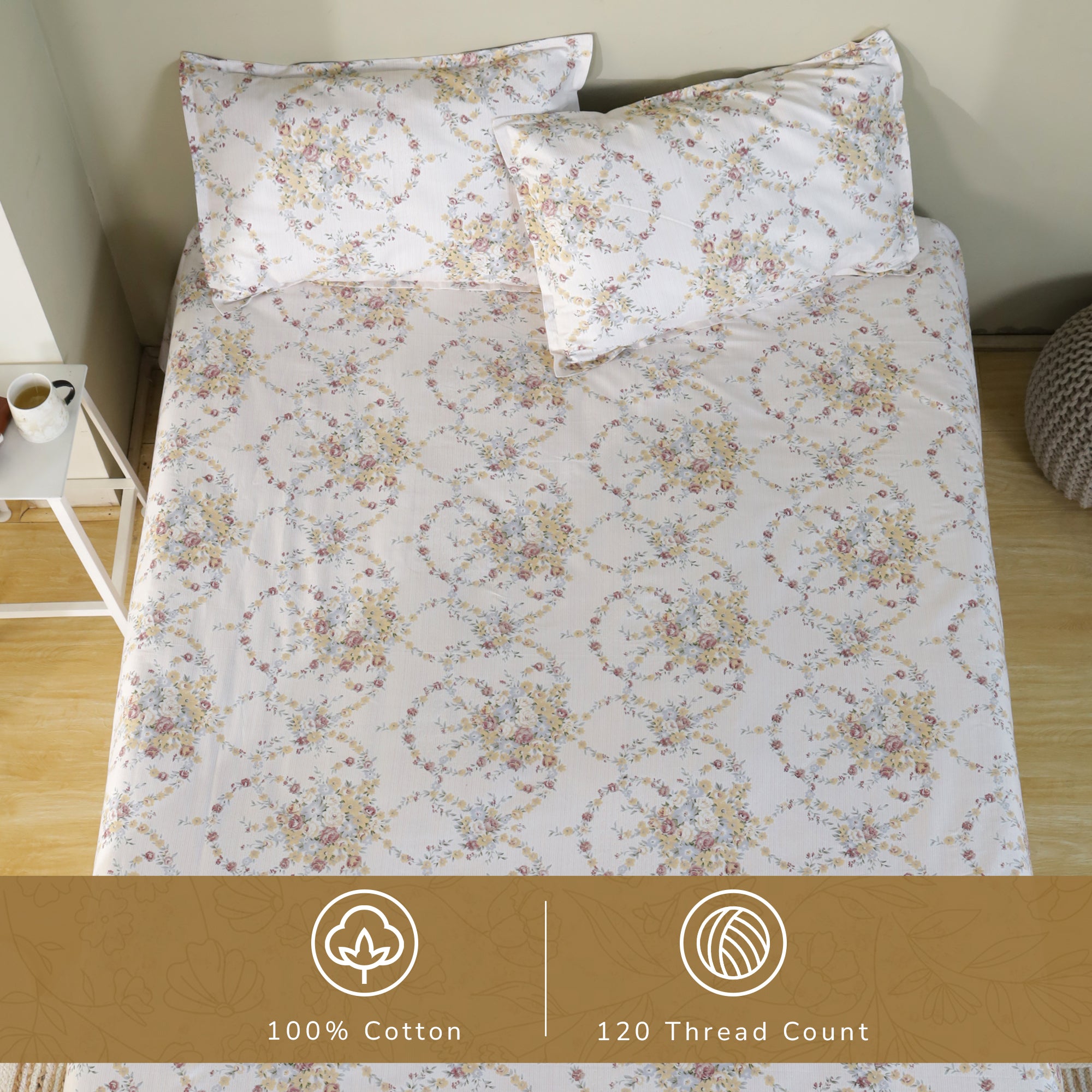 Rose King XL Bedsheet with 2 Pillow Covers 100% Cotton 160 TC Floral Wreath Cream