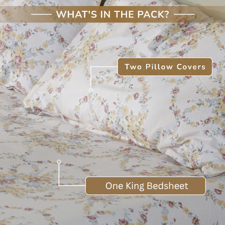 Rose King XL Bedsheet with 2 Pillow Covers 100% Cotton 160 TC Floral Wreath Cream