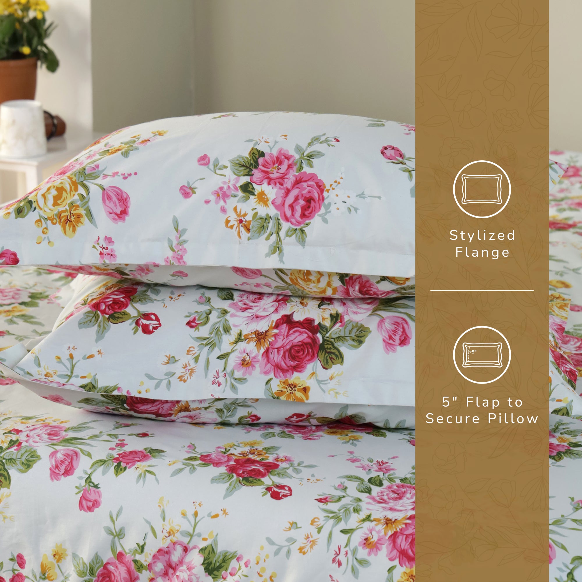 Rose King Fitted Sheet with 2 Pillow Covers 100% Cotton 160 TC Floral Garden Green