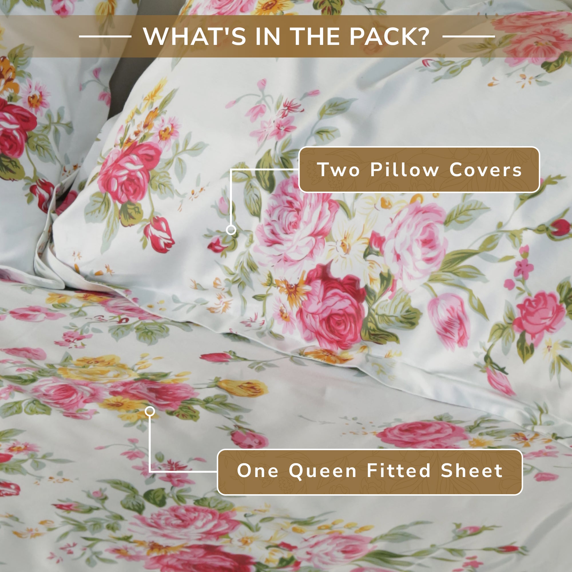 Rose Queen Fitted Sheet with 2 Pillow Covers 100% Cotton 160 TC Floral Garden Green