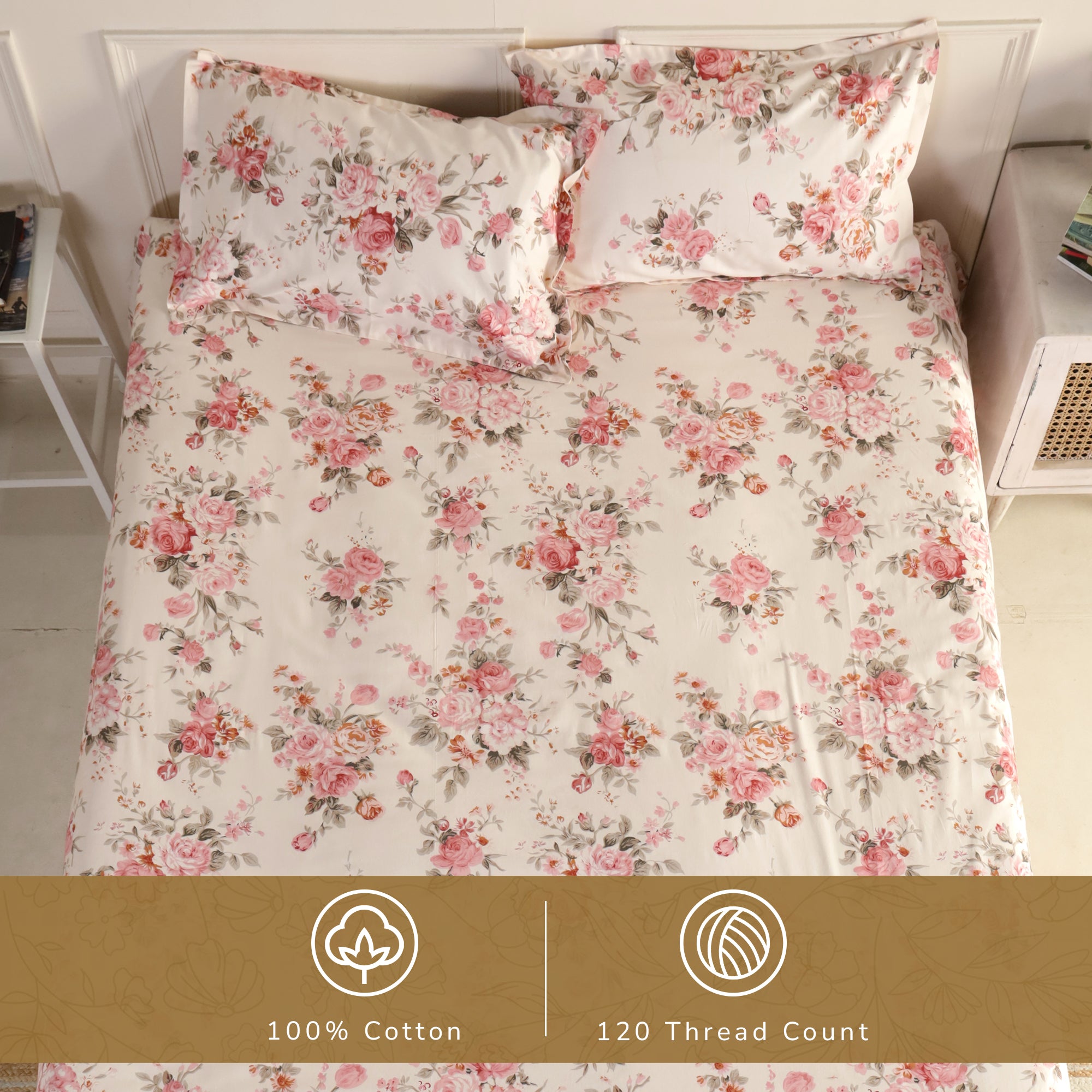 Rose King XL Bedsheet with 2 Pillow Covers 100% Cotton 160 TC Floral Bunch Pink