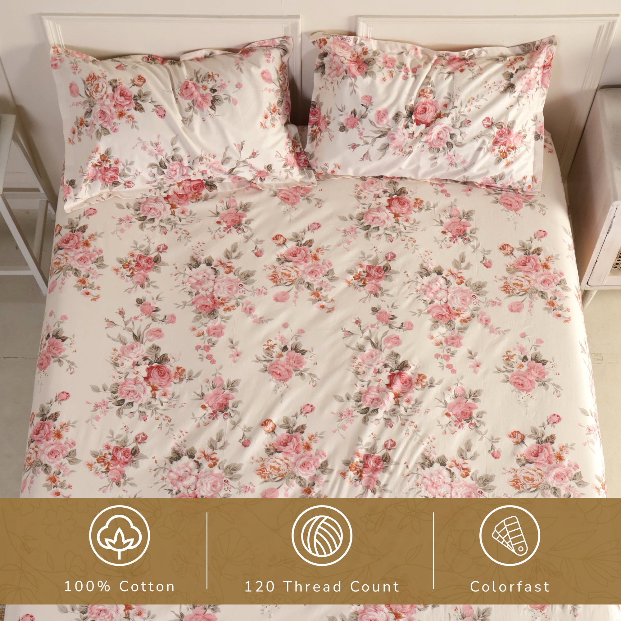 Rose King Fitted Sheet with 2 Pillow Covers 100% Cotton 160 TC Floral Bunch Pink