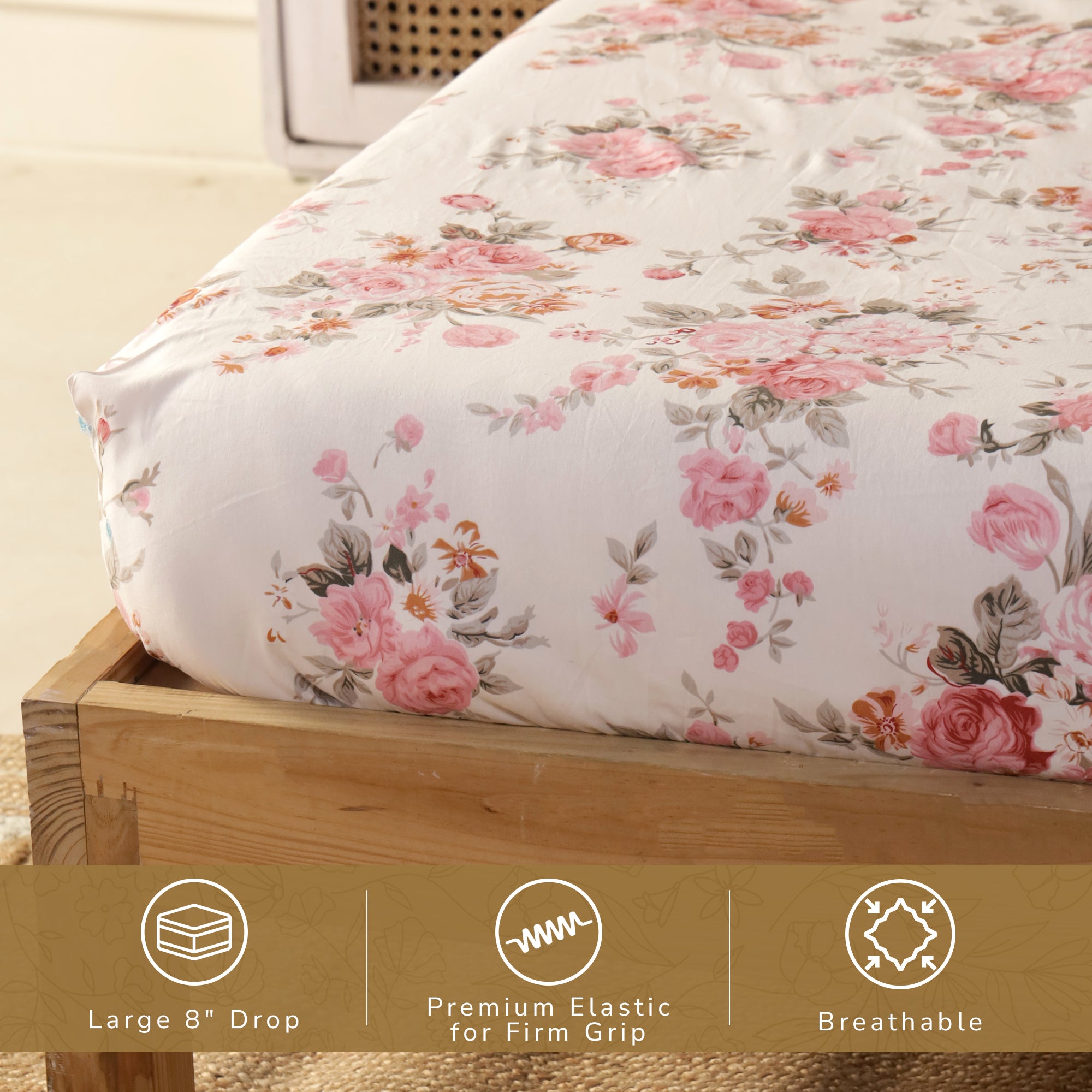 Rose Queen Fitted Sheet with 2 Pillow Covers 100% Cotton 160 TC Floral Bunch Pink