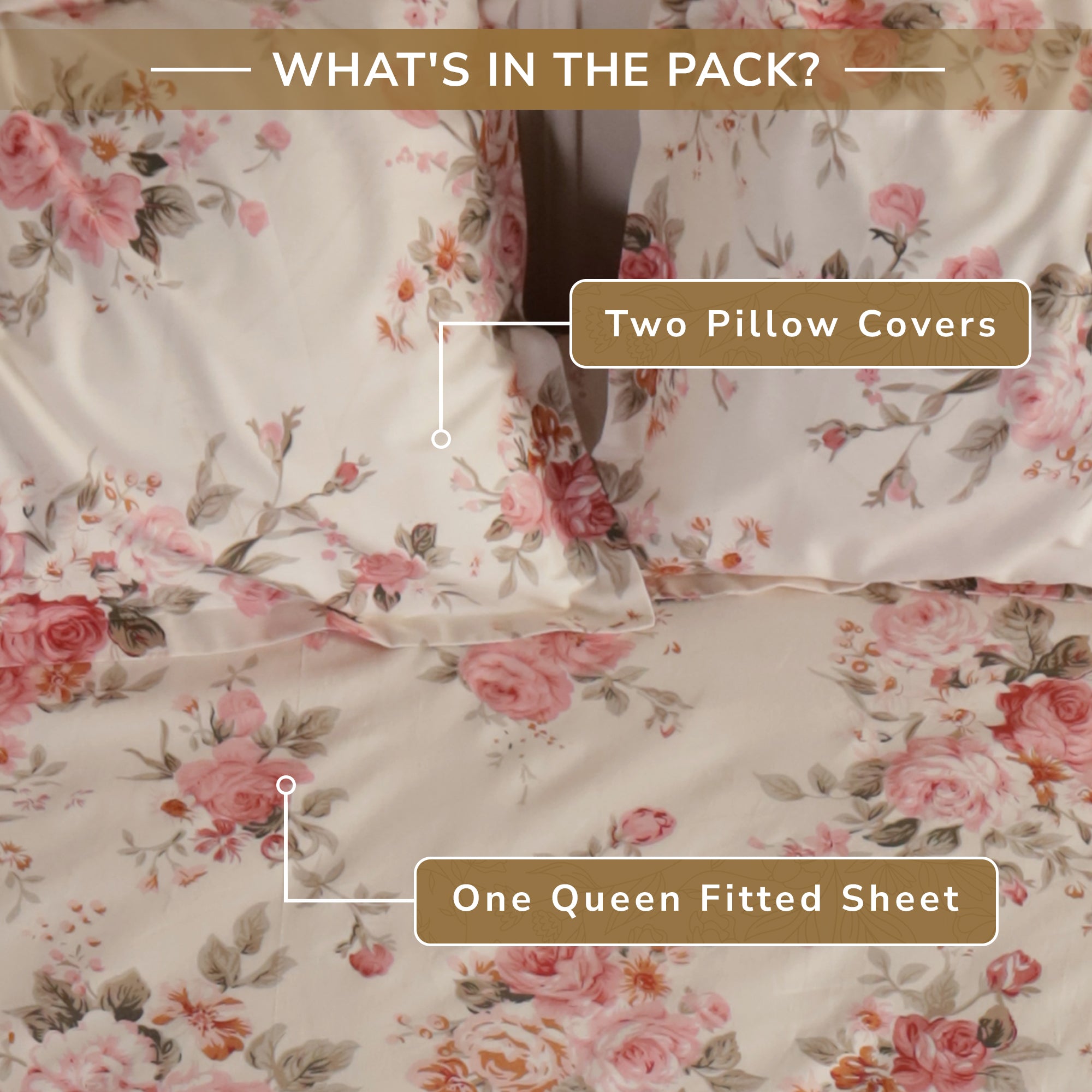 Rose Queen Fitted Sheet with 2 Pillow Covers 100% Cotton 160 TC Floral Bunch Pink