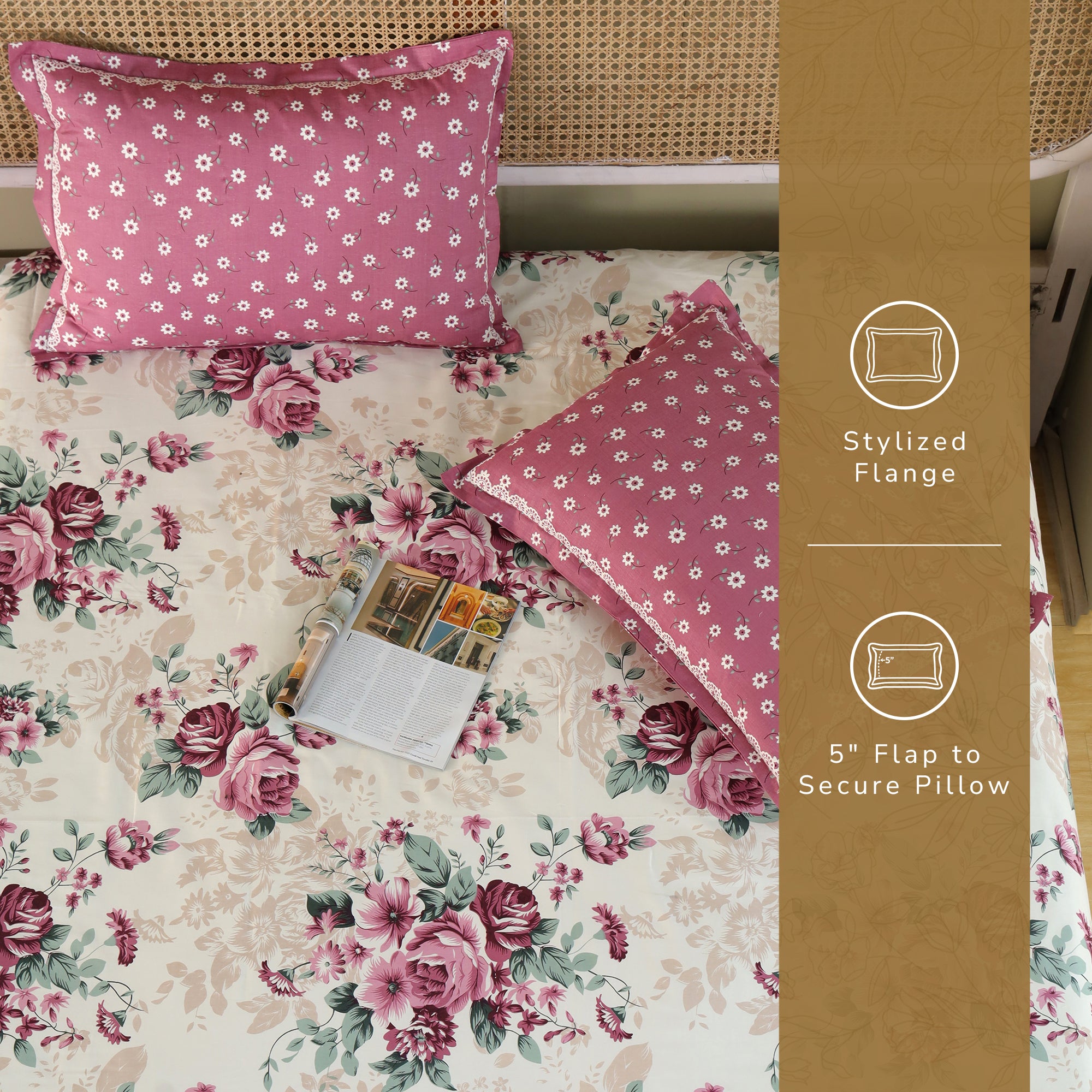 Rose King XL Bedsheet with 2 Pillow Covers 100% Cotton 160 TC Floral Bouquet Pink