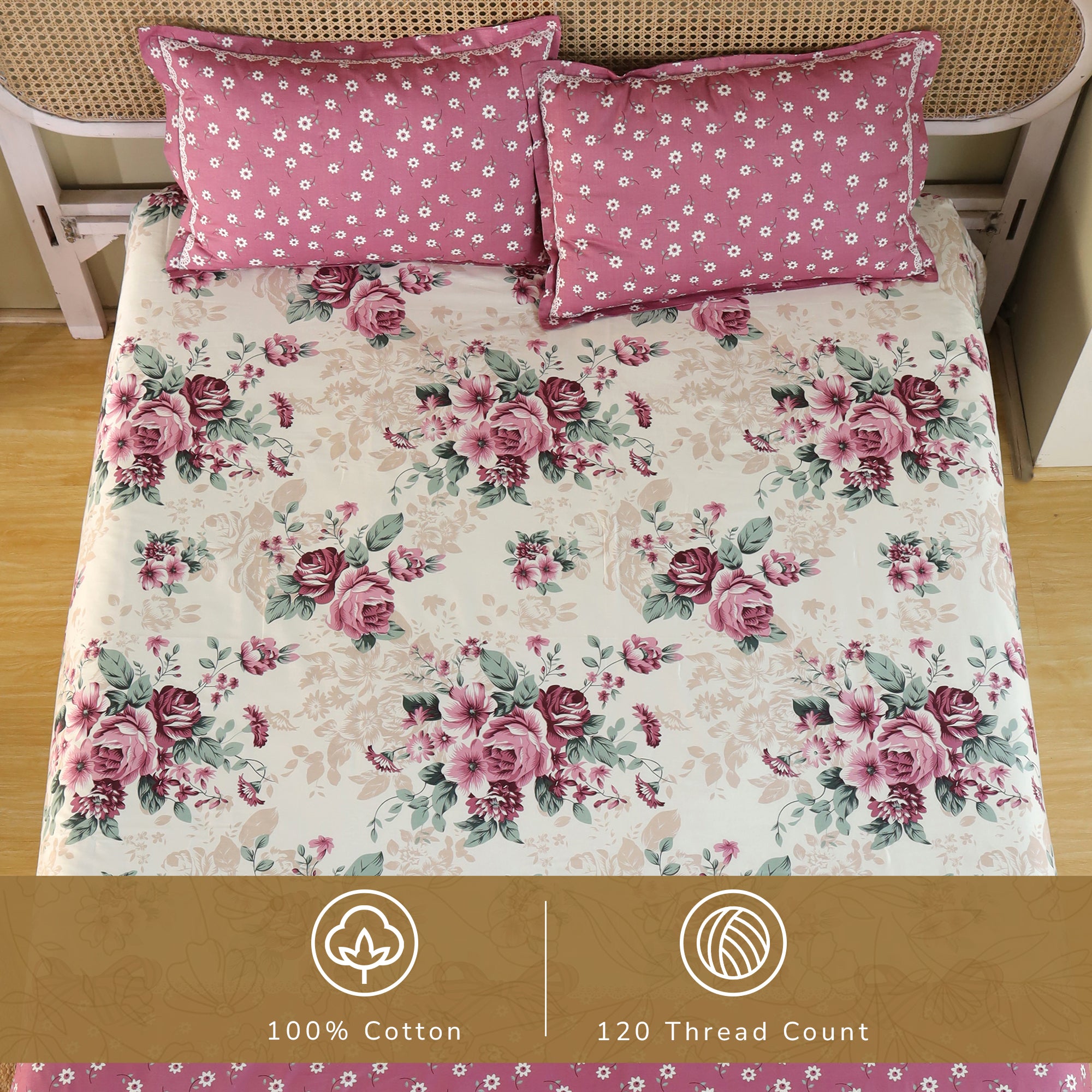 Rose King XL Bedsheet with 2 Pillow Covers 100% Cotton 160 TC Floral Bouquet Pink
