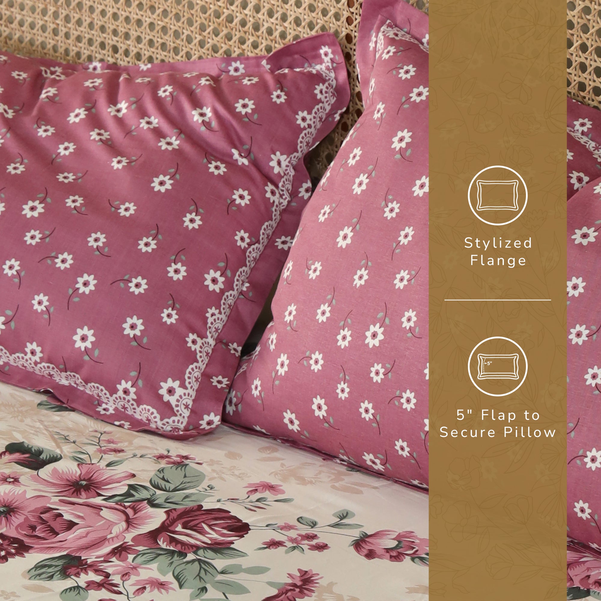 Rose King Fitted Sheet with 2 Pillow Covers 100% Cotton 160 TC Floral Bouquet Pink