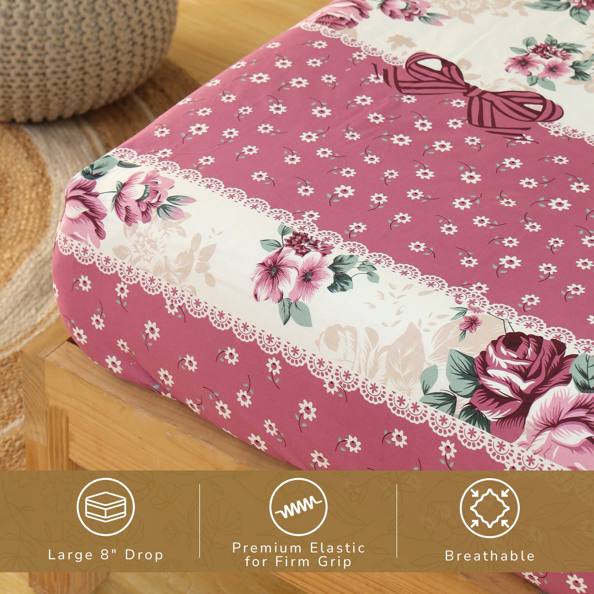 Rose King Fitted Sheet with 2 Pillow Covers 100% Cotton 160 TC Floral Bouquet Pink
