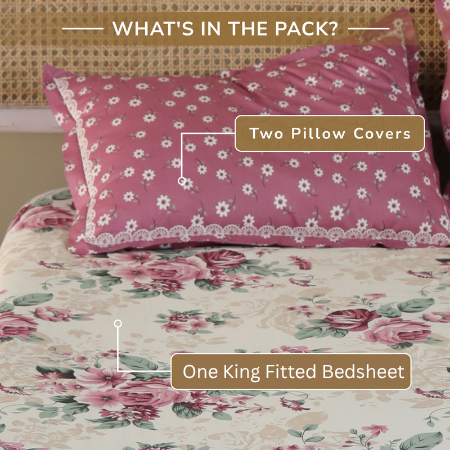 Rose King Fitted Sheet with 2 Pillow Covers 100% Cotton 160 TC Floral Bouquet Pink