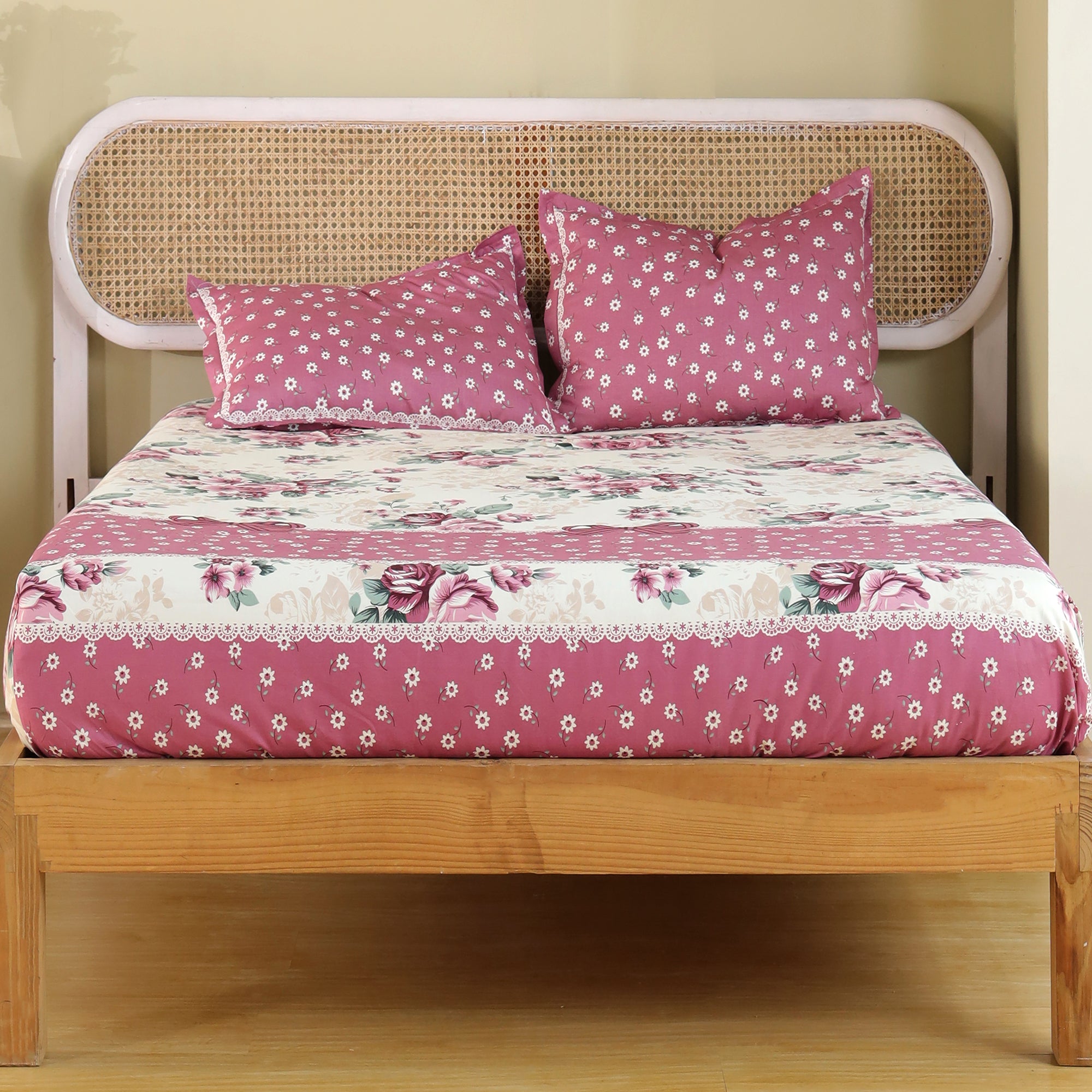 Rose Queen Fitted Sheet with 2 Pillow Covers 100% Cotton 160 TC Floral Bouquet Pink
