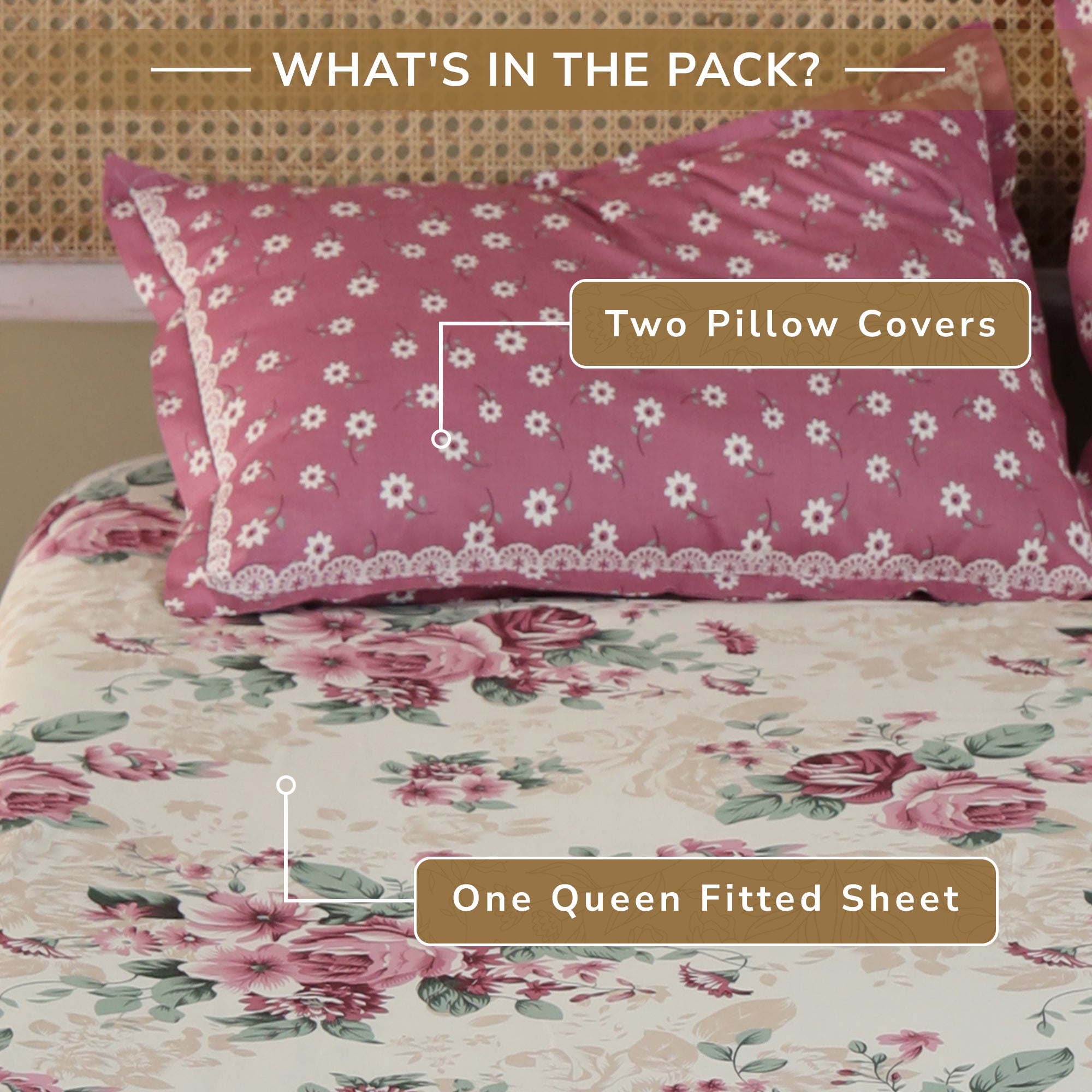Rose Queen Fitted Sheet with 2 Pillow Covers 100% Cotton 160 TC Floral Bouquet Pink
