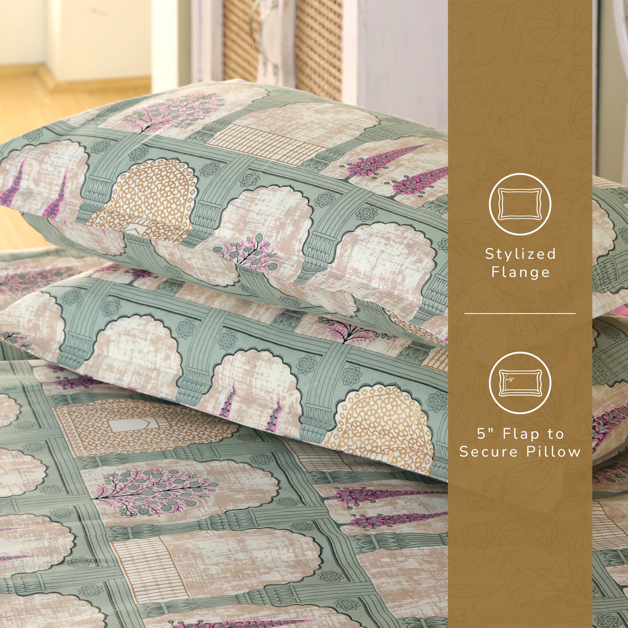 Jaipur Bagh King Bedsheet with 2 Pillow Covers 100% Cotton 120 TC Jharokha Blue Gold Print