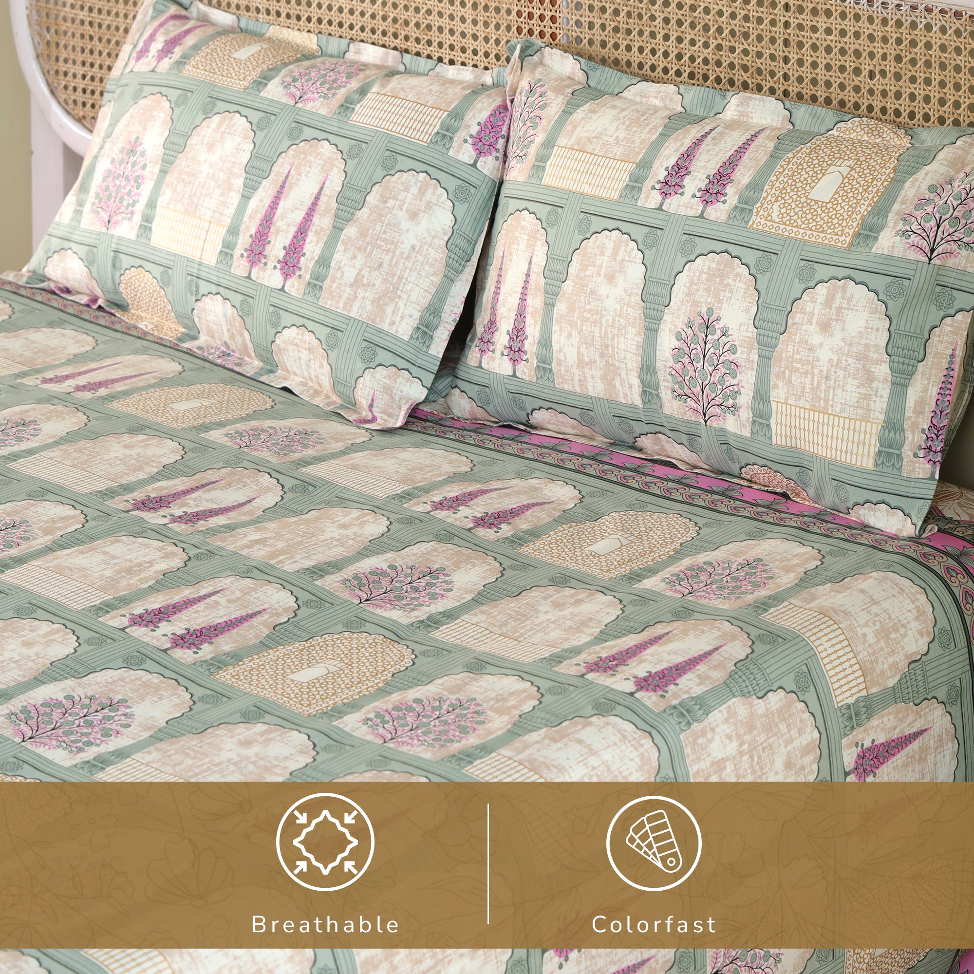 Jaipur Bagh King Bedsheet with 2 Pillow Covers 100% Cotton 120 TC Jharokha Blue Gold Print