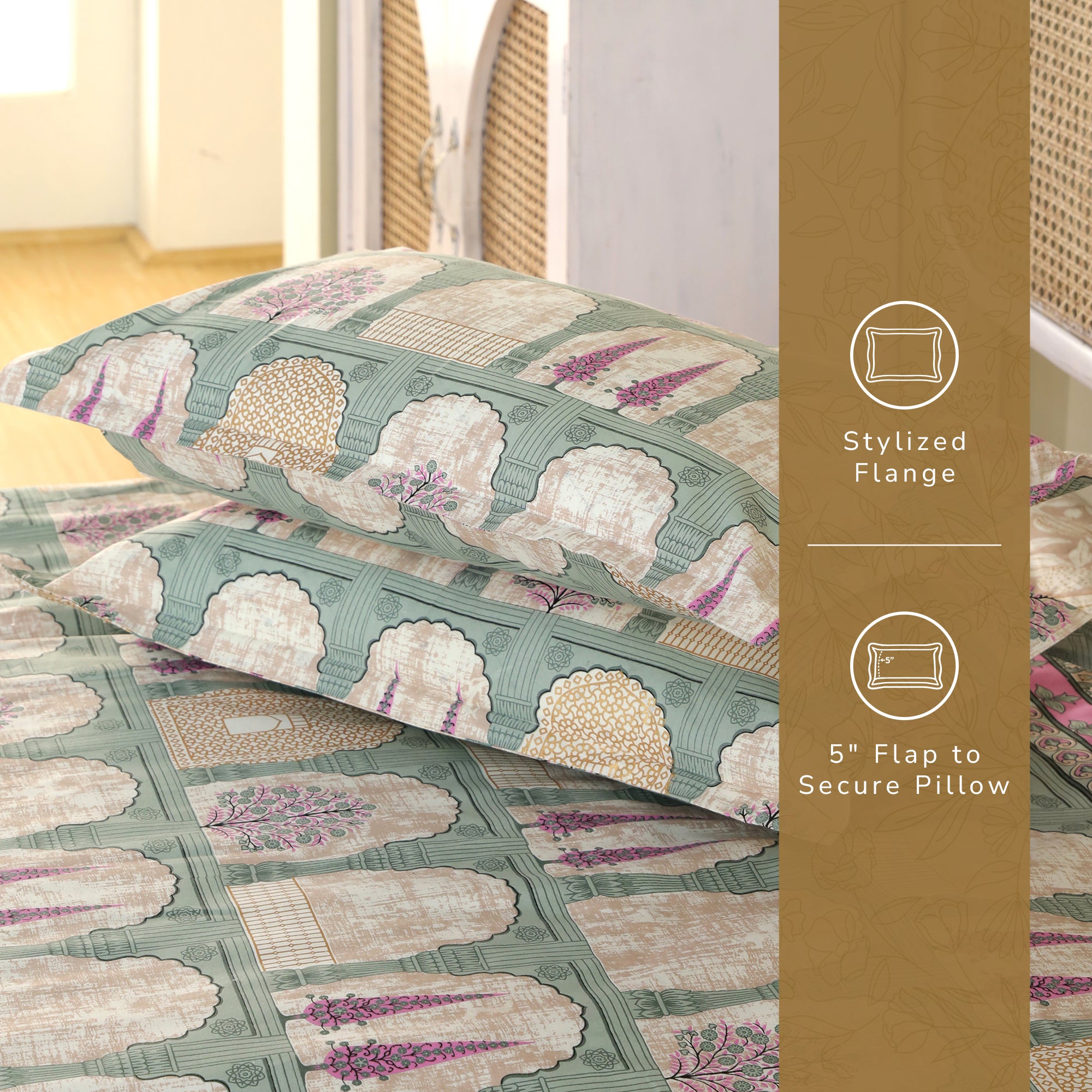 Jaipur Bagh King Fitted Sheet with 2 Pillow Covers 100% Cotton 120 TC Jharokha Blue Gold Print