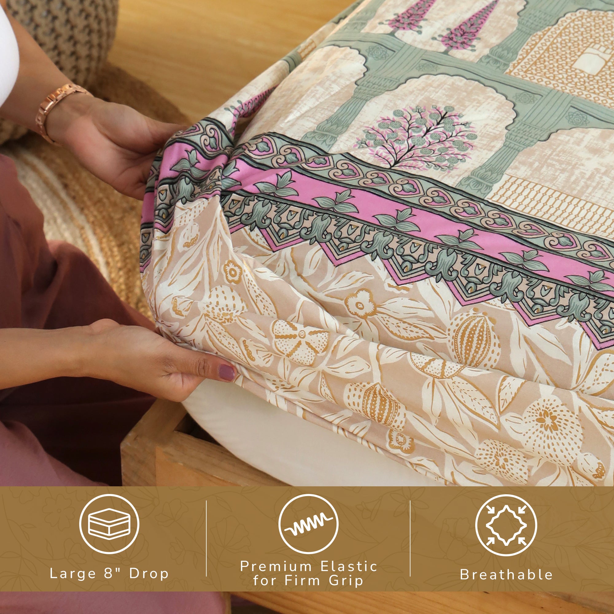 Jaipur Bagh Queen Fitted Sheet with 2 Pillow Covers 100% Cotton 120 TC Jharokha Blue Gold Print