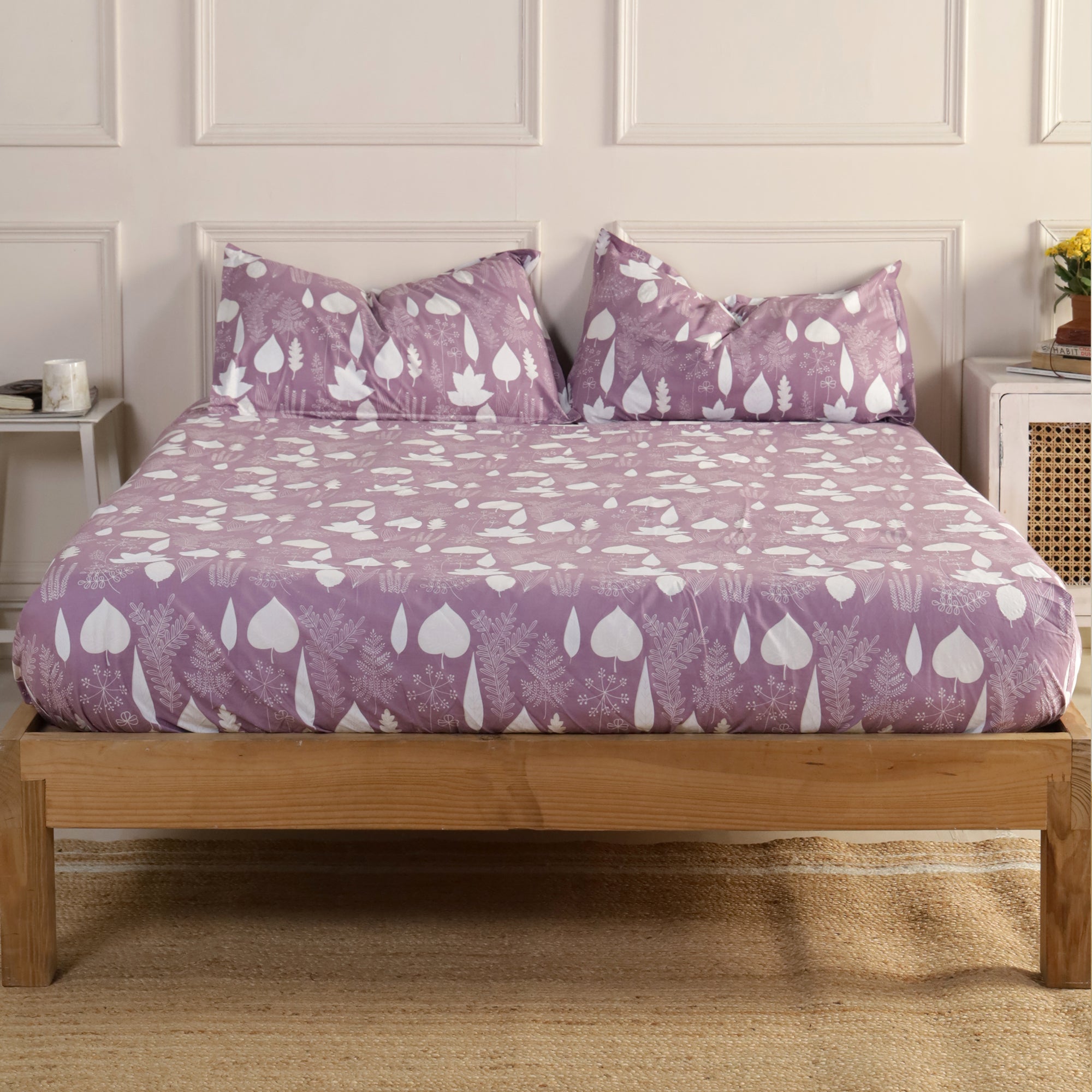 Jaipur Bagh Queen Fitted Sheet with 2 Pillow Covers 100% Cotton 120 TC Simple Floral Purple