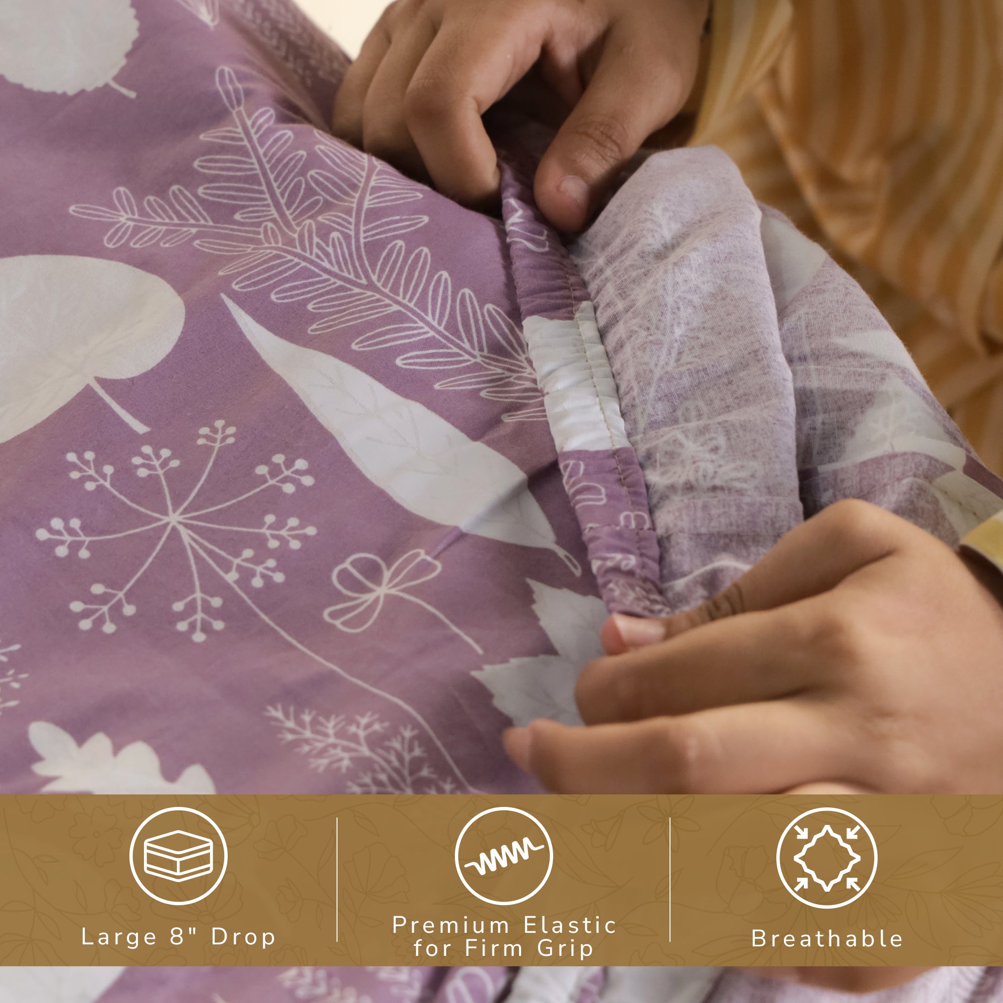 Jaipur Bagh Queen Fitted Sheet with 2 Pillow Covers 100% Cotton 120 TC Simple Floral Purple