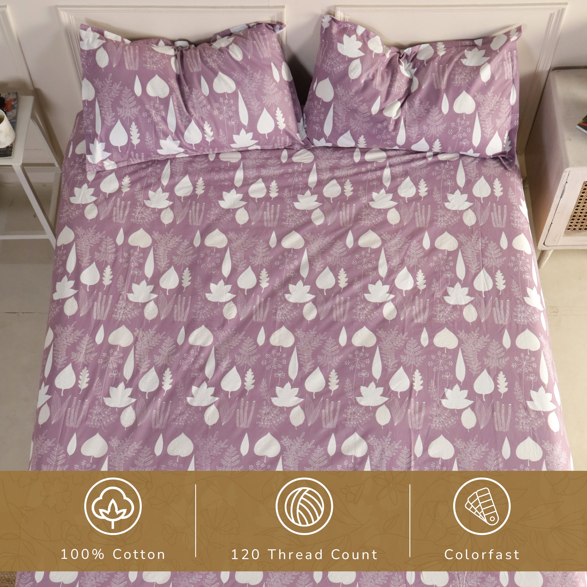 Jaipur Bagh Queen Fitted Sheet with 2 Pillow Covers 100% Cotton 120 TC Simple Floral Purple