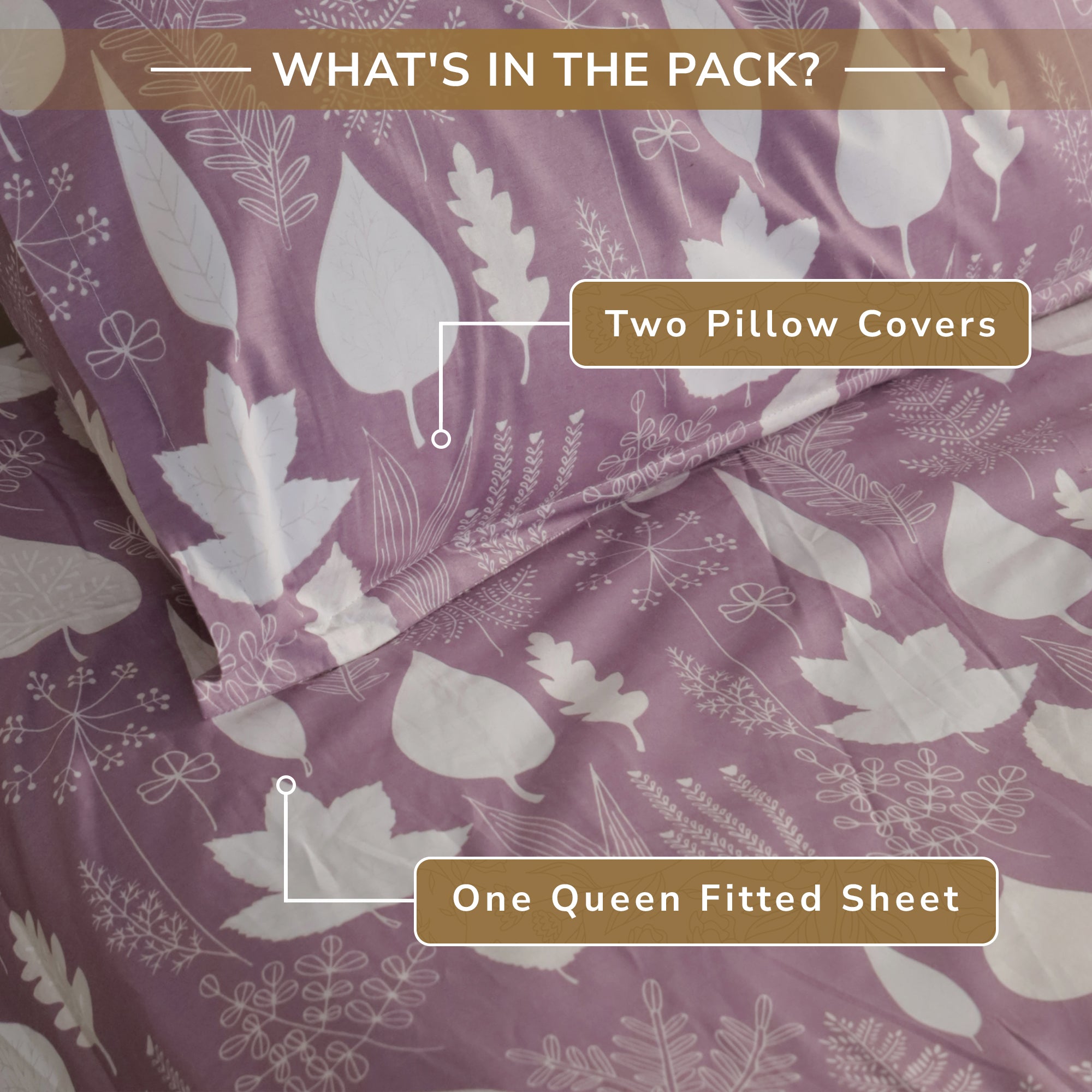 Jaipur Bagh Queen Fitted Sheet with 2 Pillow Covers 100% Cotton 120 TC Simple Floral Purple