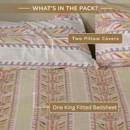 Jaipur Bagh King Fitted Sheet with 2 Pillow Covers 100% Cotton 120 TC Kantha Stitch Red