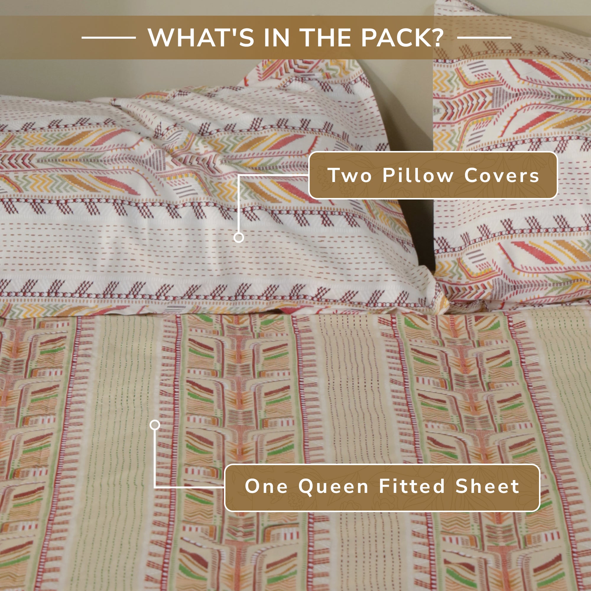 Jaipur Bagh Queen Fitted Sheet with 2 Pillow Covers 100% Cotton 120 TC Kantha Stitch Red