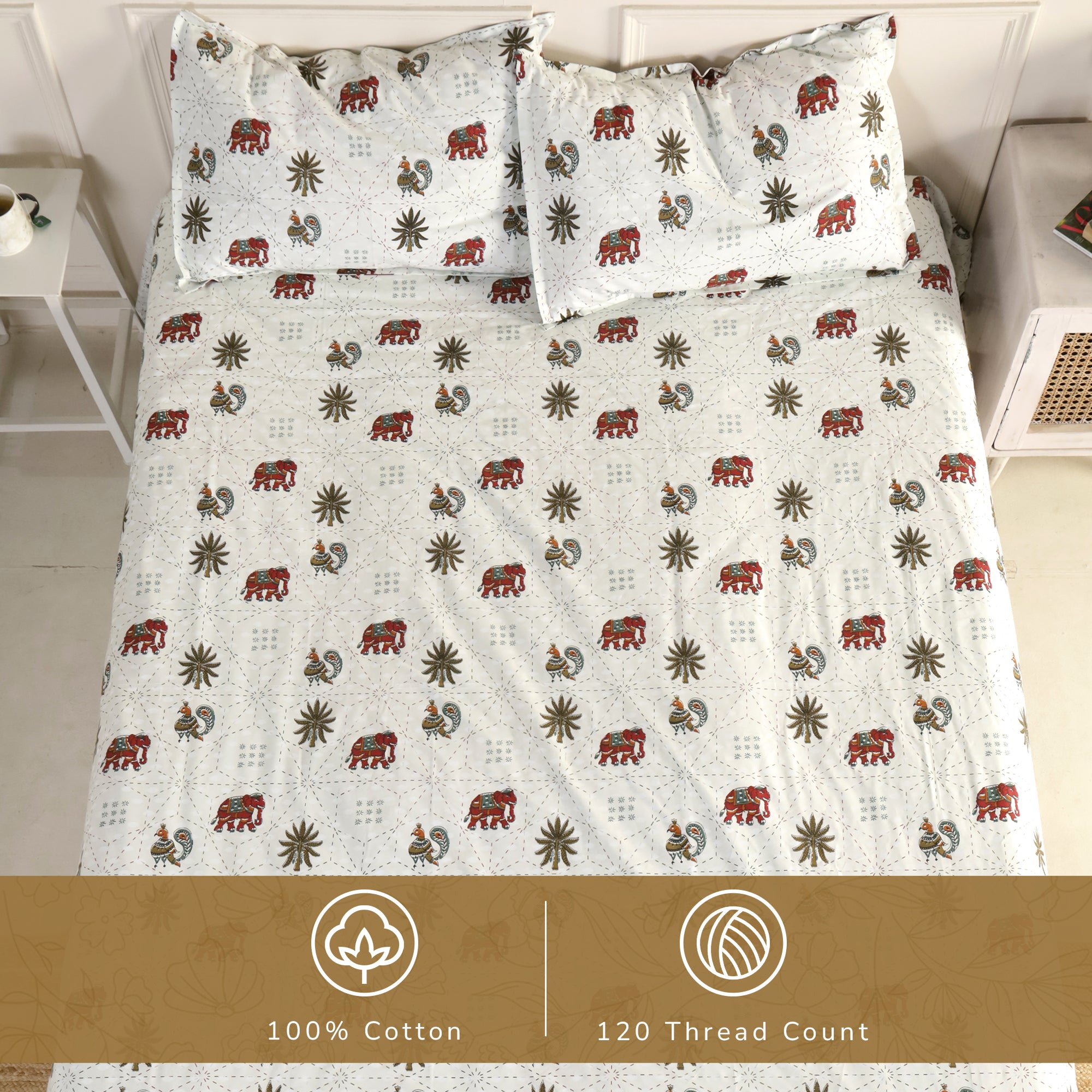 Jaipur Bagh King Bedsheet with 2 Pillow Covers 100% Cotton 120 TC Block Print Green