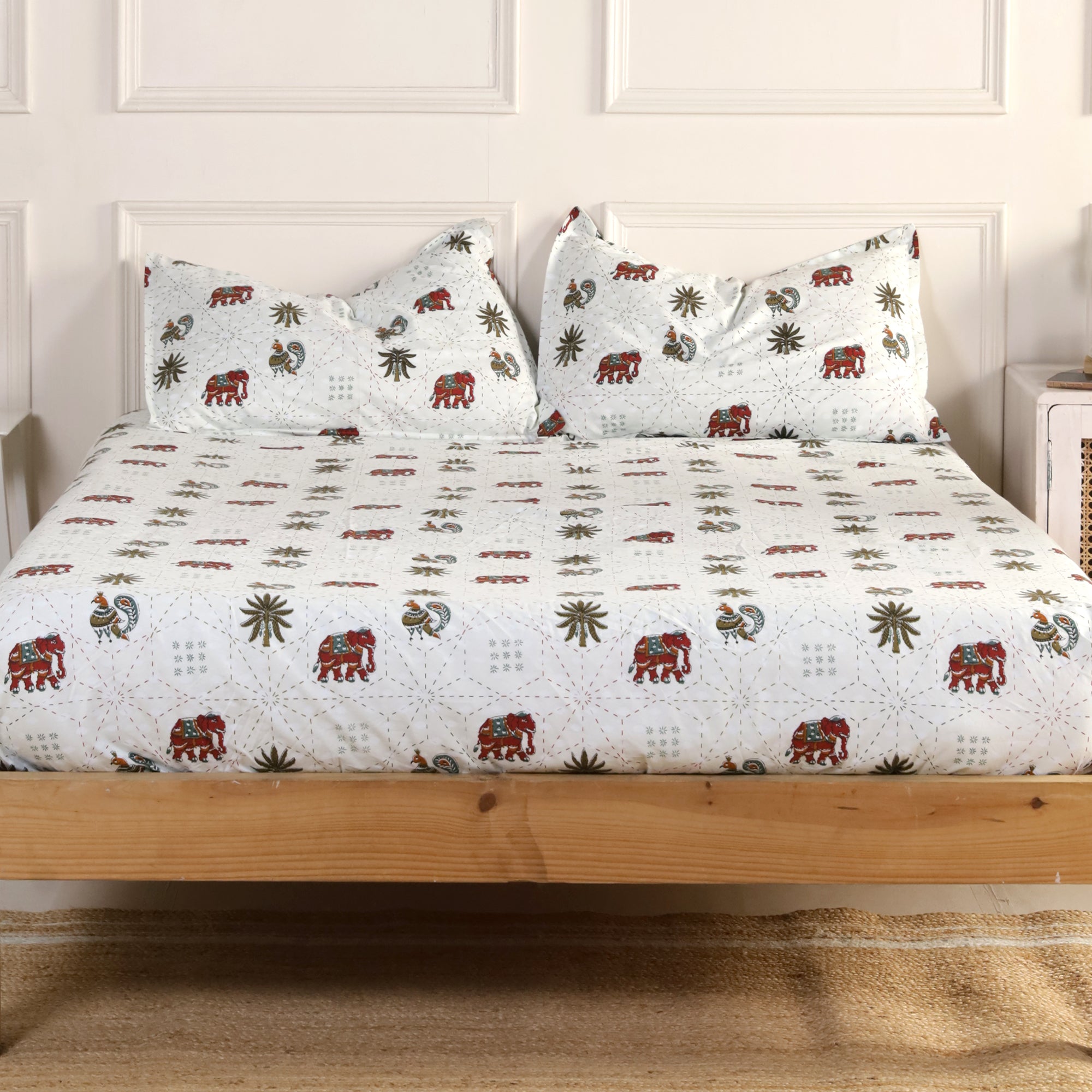 Jaipur Bagh King Fitted Sheet with 2 Pillow Covers 100% Cotton 120 TC Block Print Green