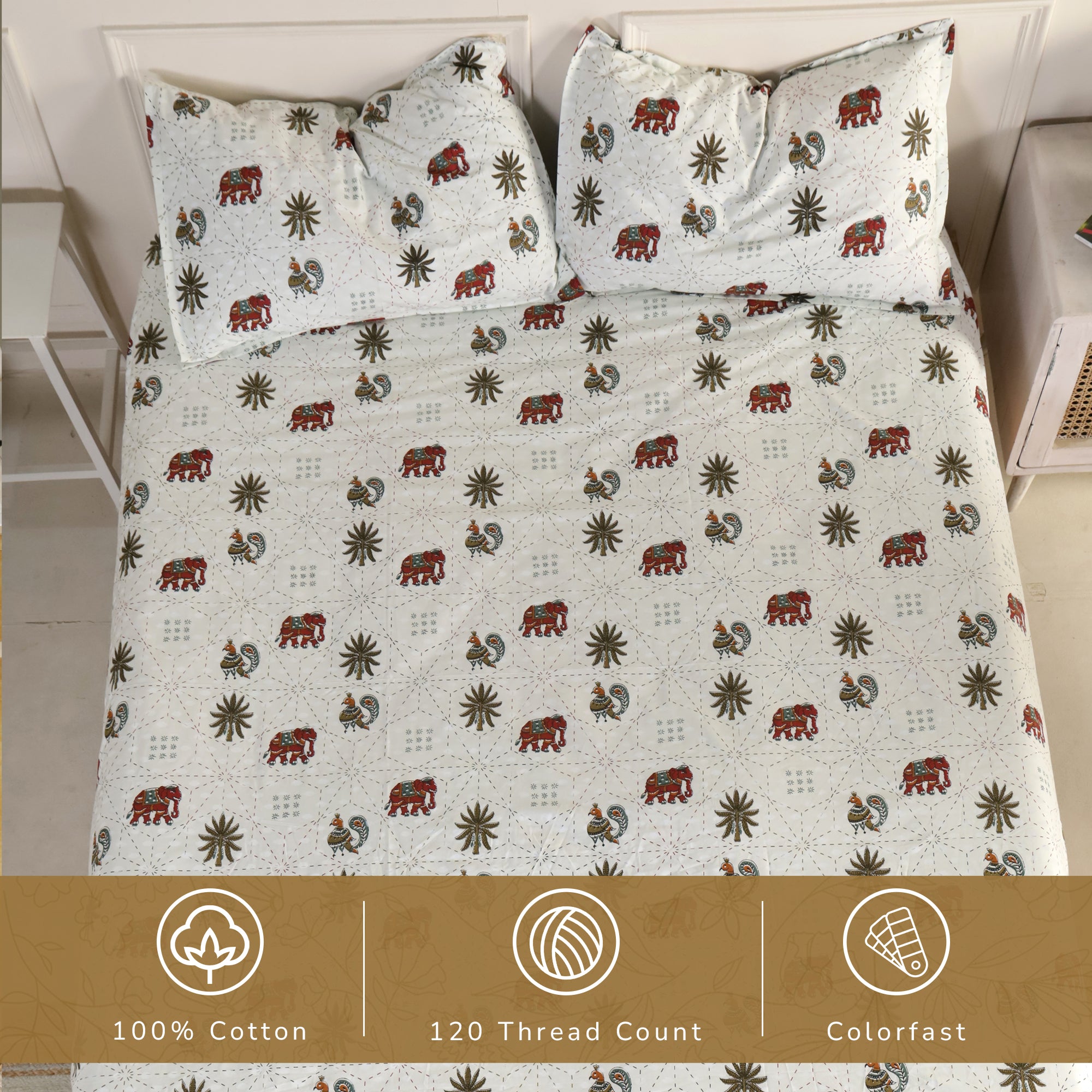 Jaipur Bagh King Fitted Sheet with 2 Pillow Covers 100% Cotton 120 TC Block Print Green