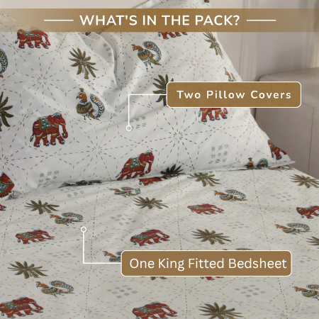 Jaipur Bagh King Fitted Sheet with 2 Pillow Covers 100% Cotton 120 TC Block Print Green
