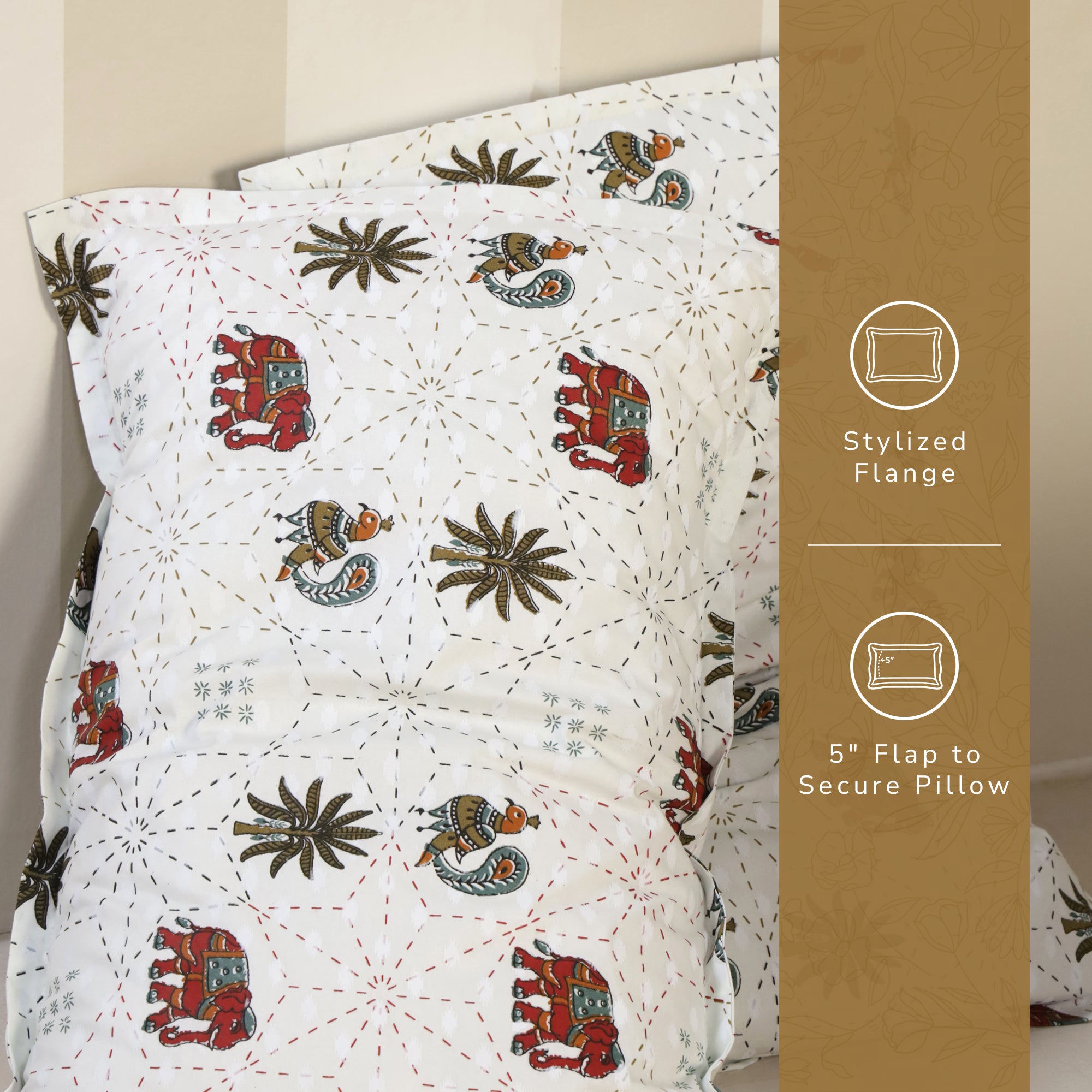 Jaipur Bagh Queen Fitted Sheet with 2 Pillow Covers 100% Cotton 120 TC Block Print Green