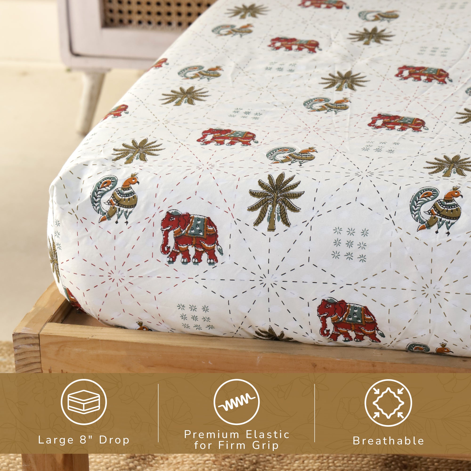 Jaipur Bagh Queen Fitted Sheet with 2 Pillow Covers 100% Cotton 120 TC Block Print Green