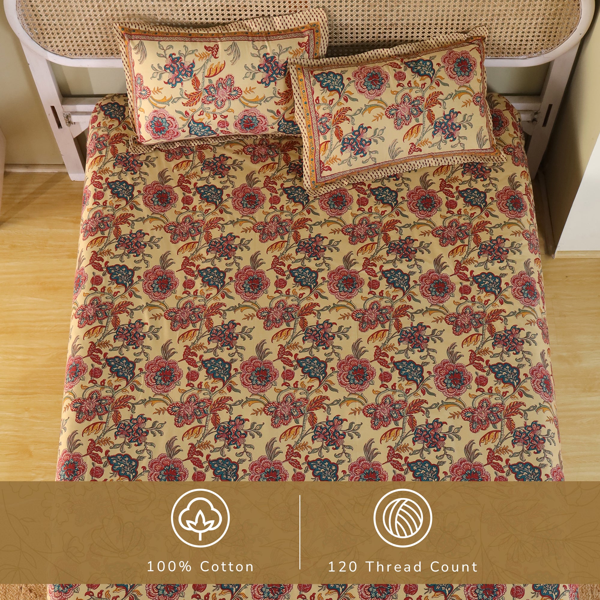 Jaipur Bagh King Bedsheet with 2 Pillow Covers 100% Cotton 120 TC Chartook Brown
