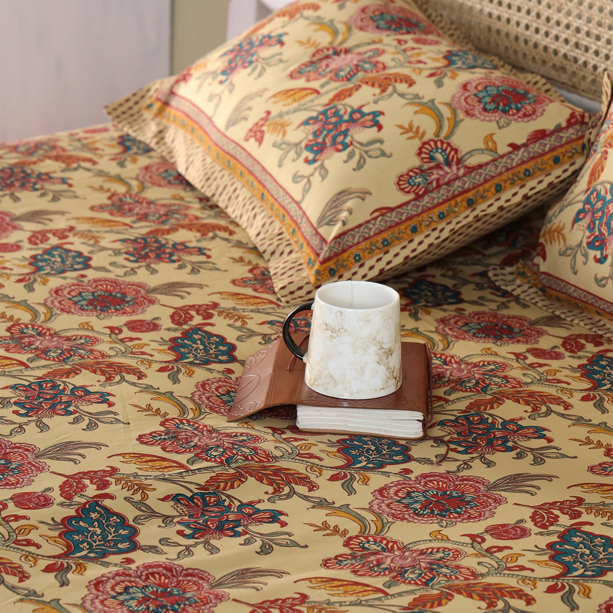 Jaipur Bagh King Fitted Sheet with 2 Pillow Covers 100% Cotton 120 TC Chartook Brown